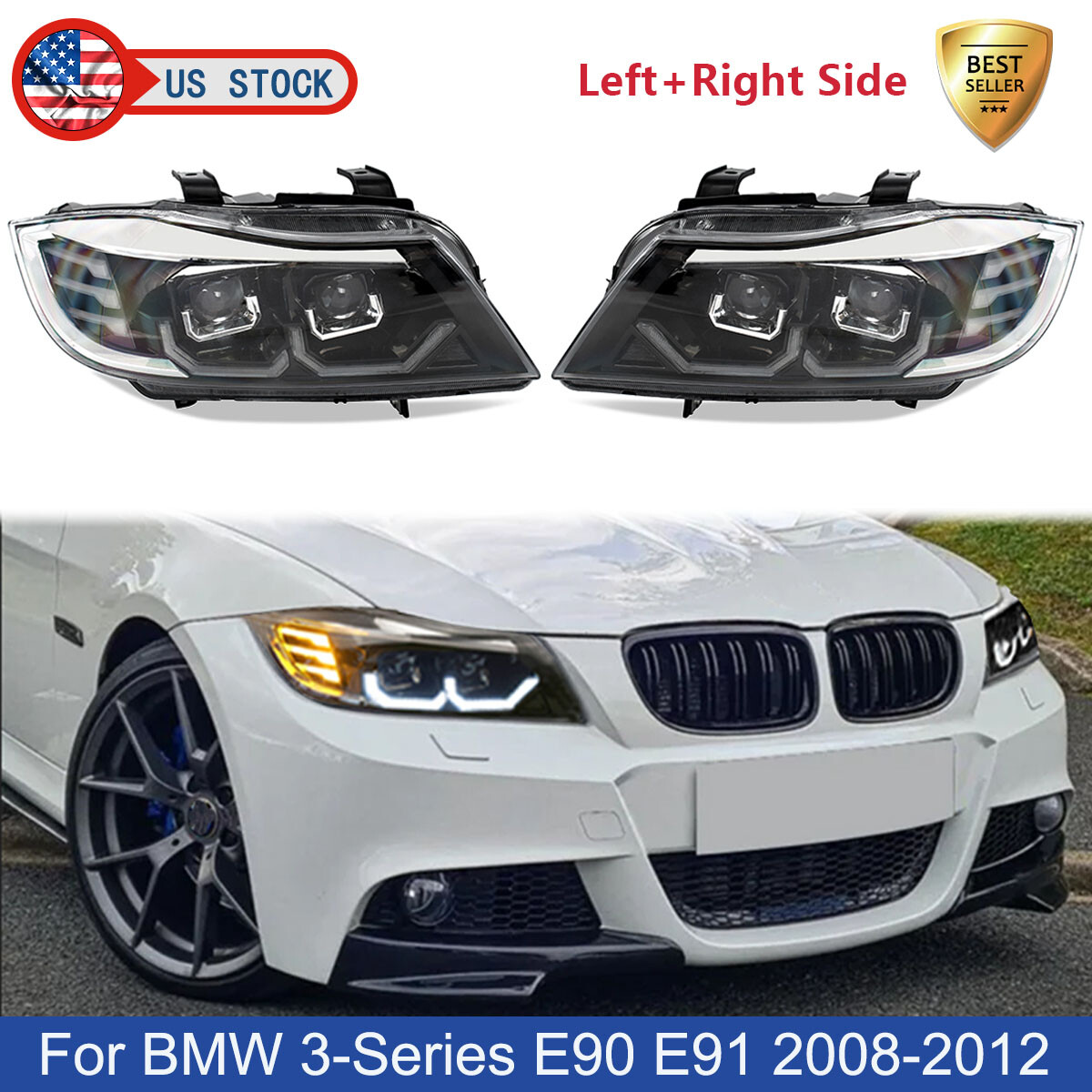 Pair For BMW 3 Series E90 E91 328i 2008-2012 Front Headlight Headlamp Assembly