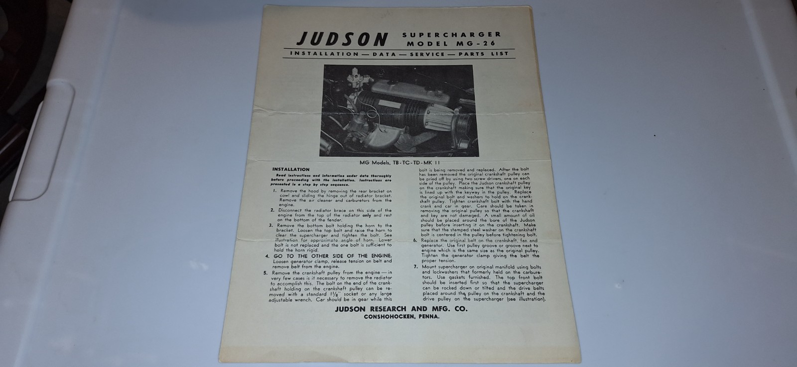 MG-26 Judson Supercharger Brochure Original Vintage Sprint Car Hotrod Gasser 