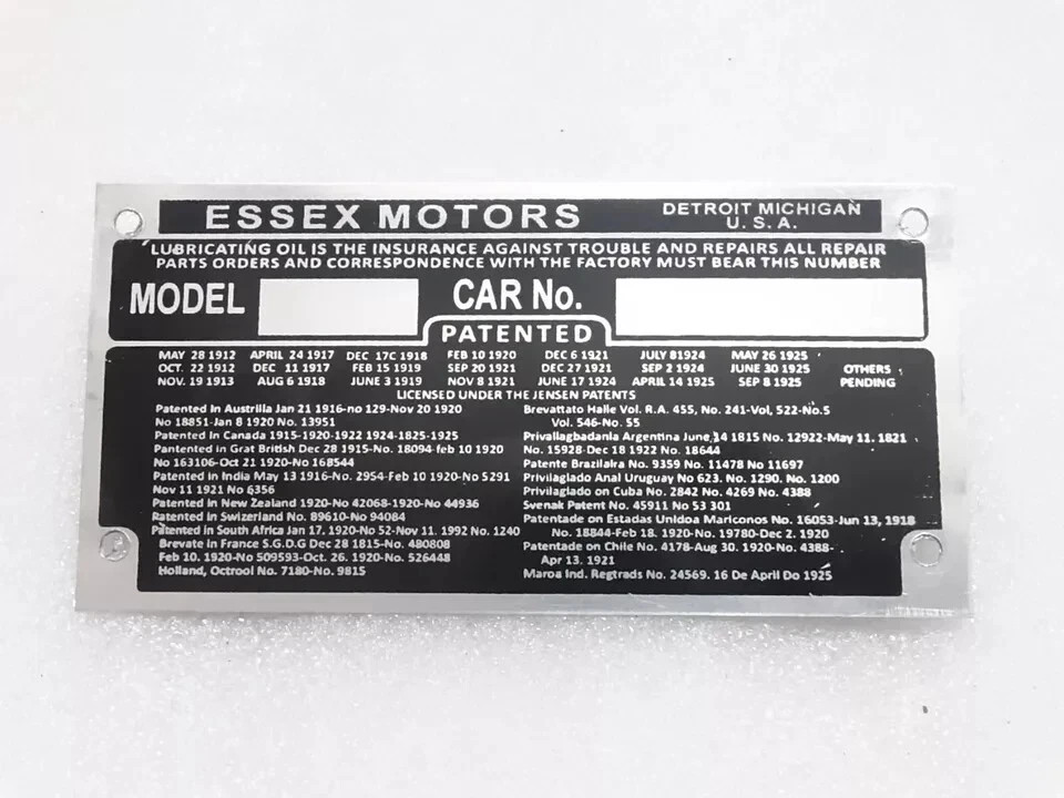 FOR VINTAGE ESSEX MOTORS CAR DATE PLATE ID TAG |Fit For