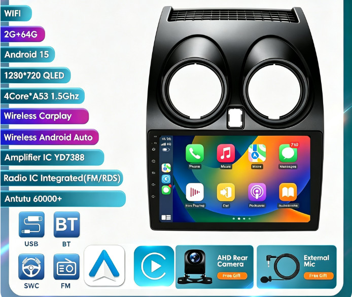 For 2008-13 Nissan Rogue Wireless CarPlay Android Auto Car Radio WiFi +Camera