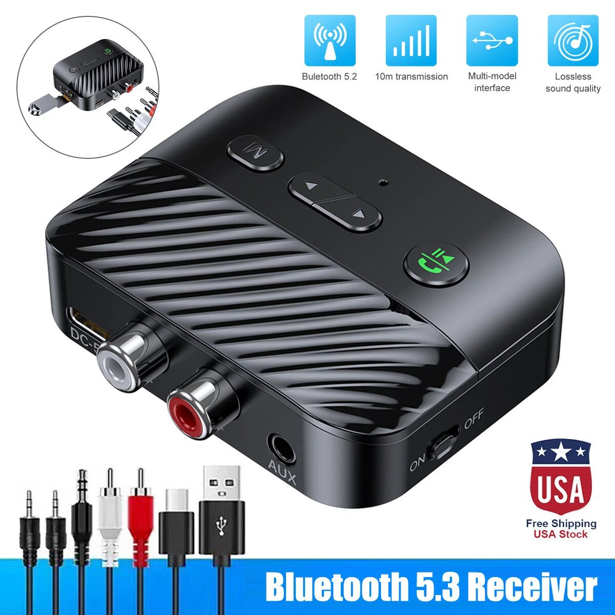 Bluetooth 5.4 Receiver Adapter Wireless 3.5mm AUX to 2 RCA USB Audio Adapter