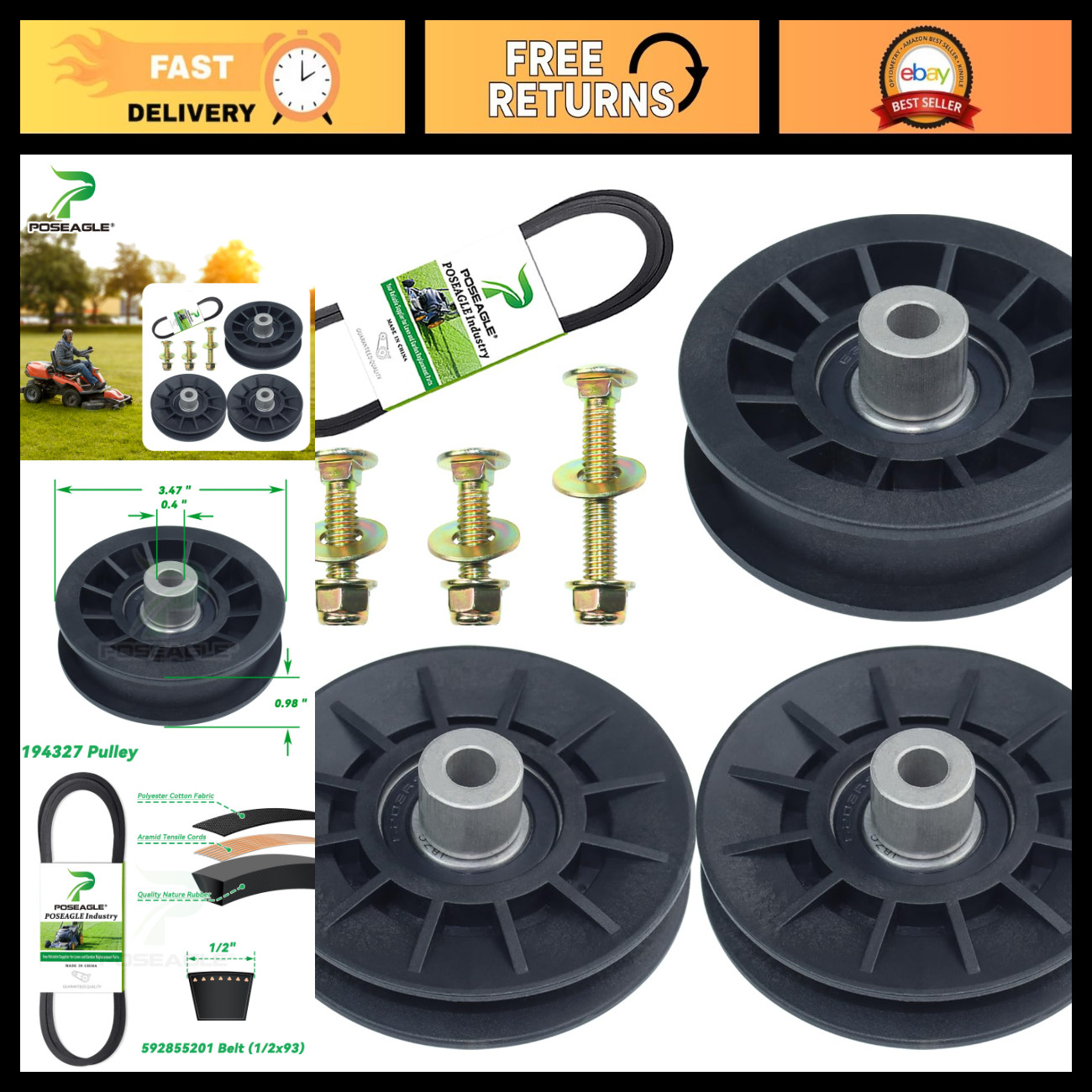 2 Pack Idler Pulley & Belt Set for Lawn Mowers - Durable Replacement Parts 2 Pack Idler Pulley & Belt Set for Lawn Mowers - Durable Replacement Parts