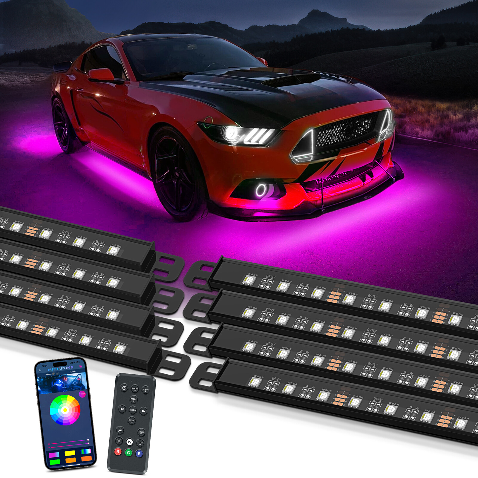MICTUNING N8 RGBW LED Car Underglow Light Bar Kit Aluminum Underbody Light Strip