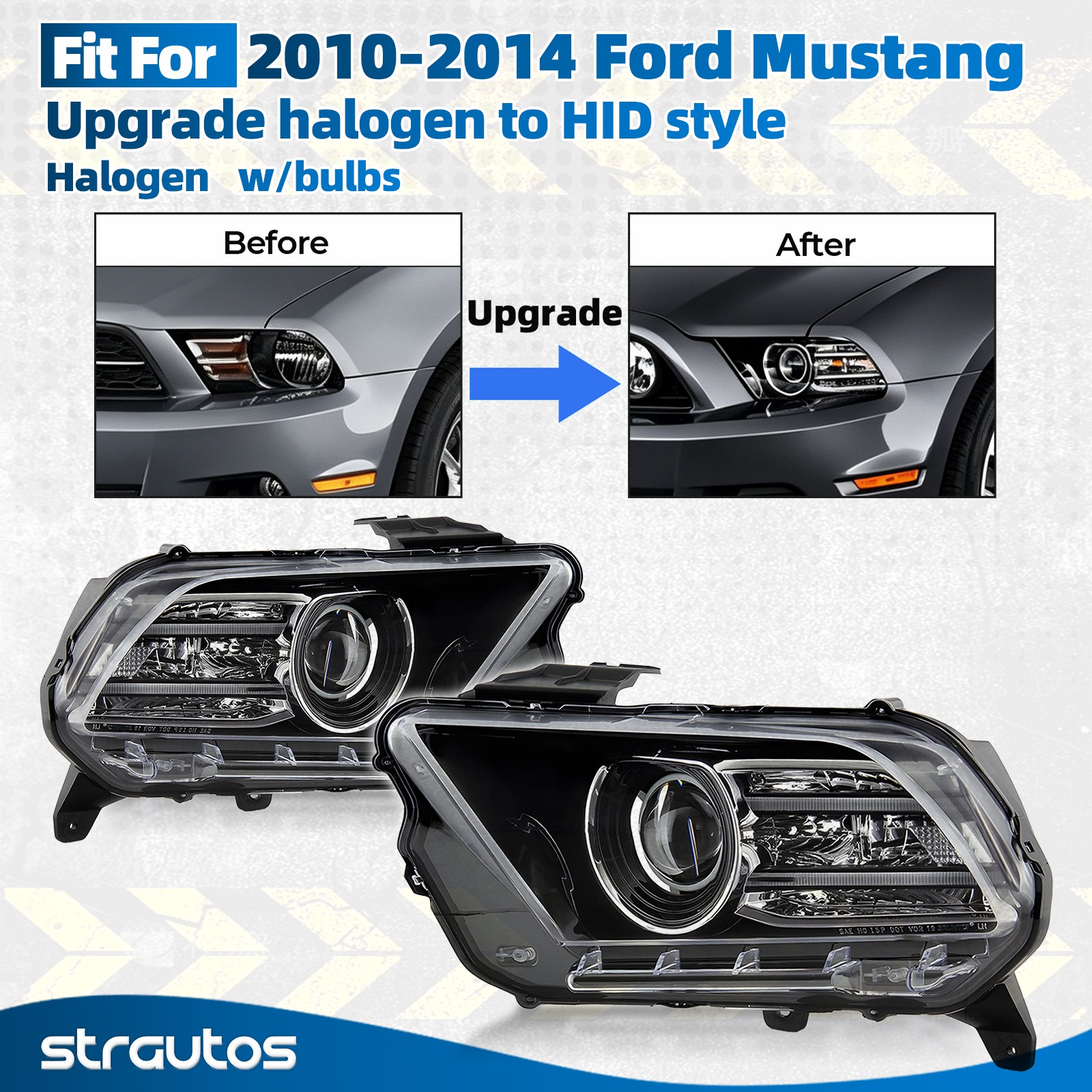 Upgrade Halogen Headlight For 2010-2014 Ford Mustang with Bulb Left +Right Pair