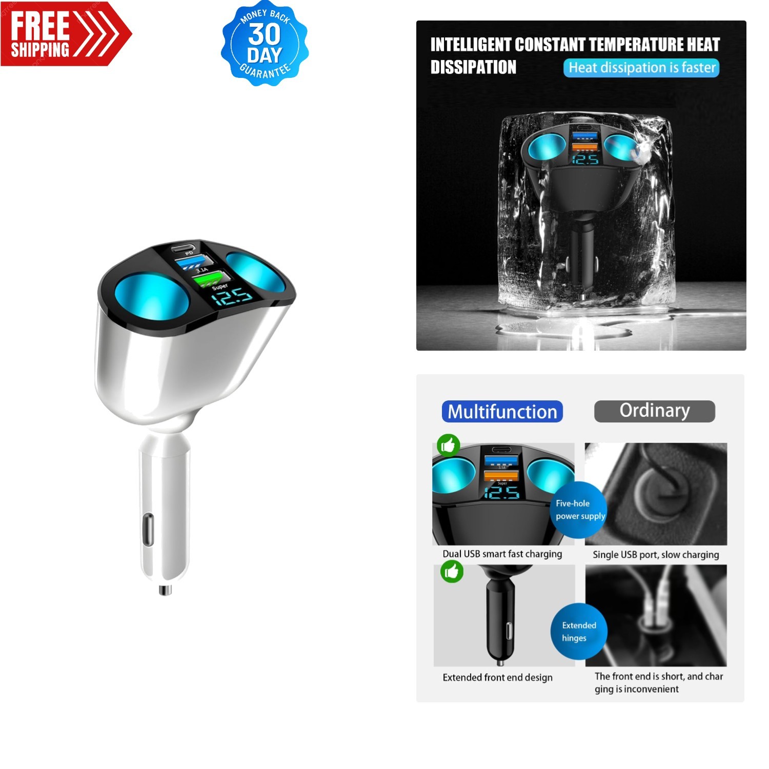 360° Adjustable Car Cigarette Lighter Splitter with Dual USB and Type-C Charger