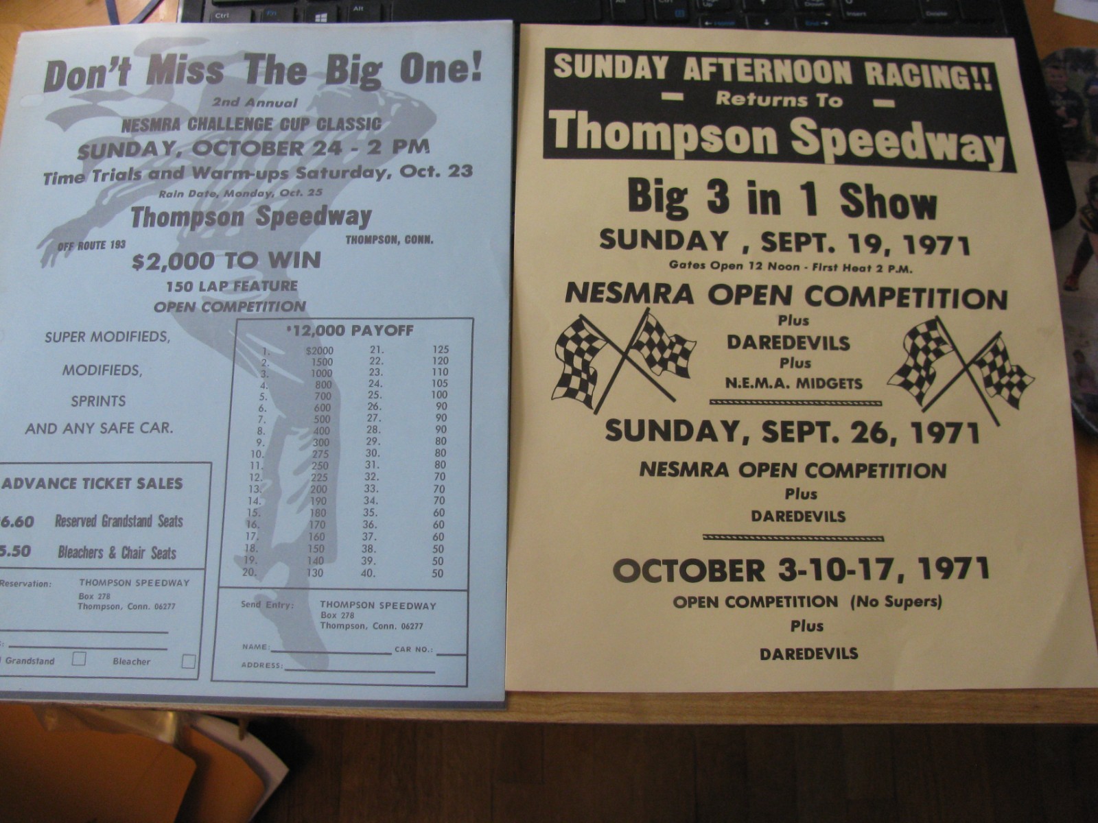 ( 2 )  1971  THOMPSON SPEEDWAY ( THOMPSON, CONN )  AD ADVERTISING SHEETS  NESMRA