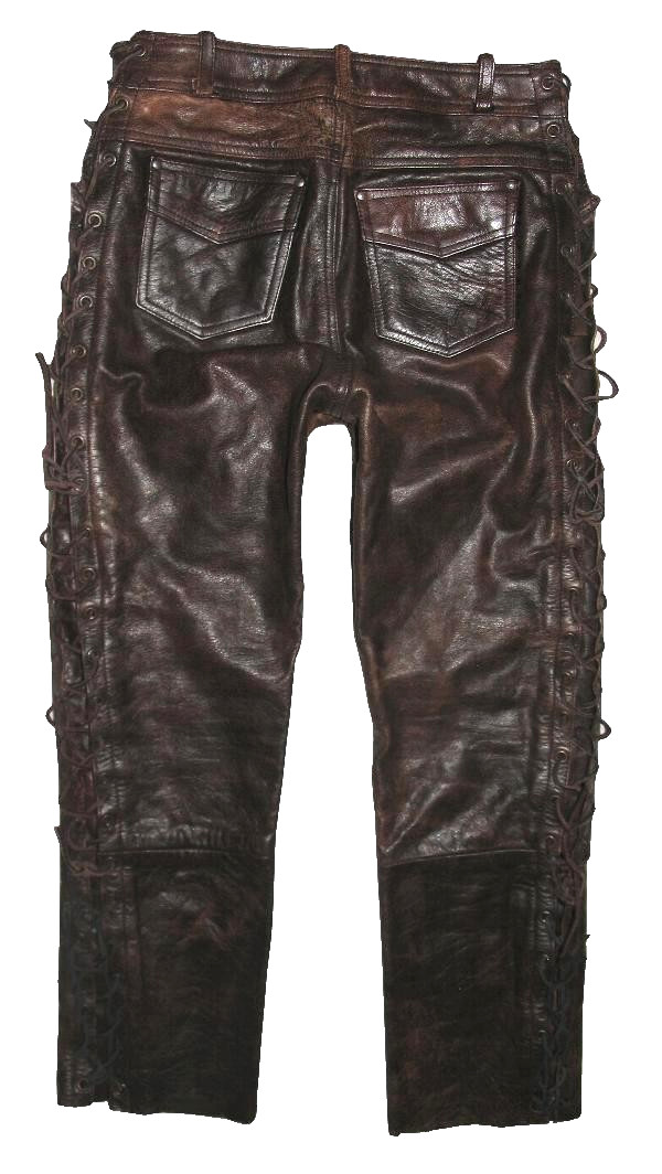 Men\'s Lace-Up Leather Jeans Biker Leather Pants Dark Brown W33-34 L28
