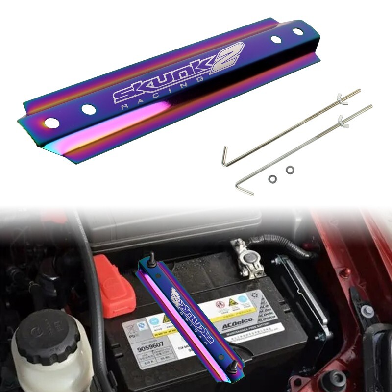 UNIVERSAL SKUNK-2 NEO CHRO ALUMINUM CAR BATTERY TIE DOWN MOUNT BRACKET BRACE BAR
