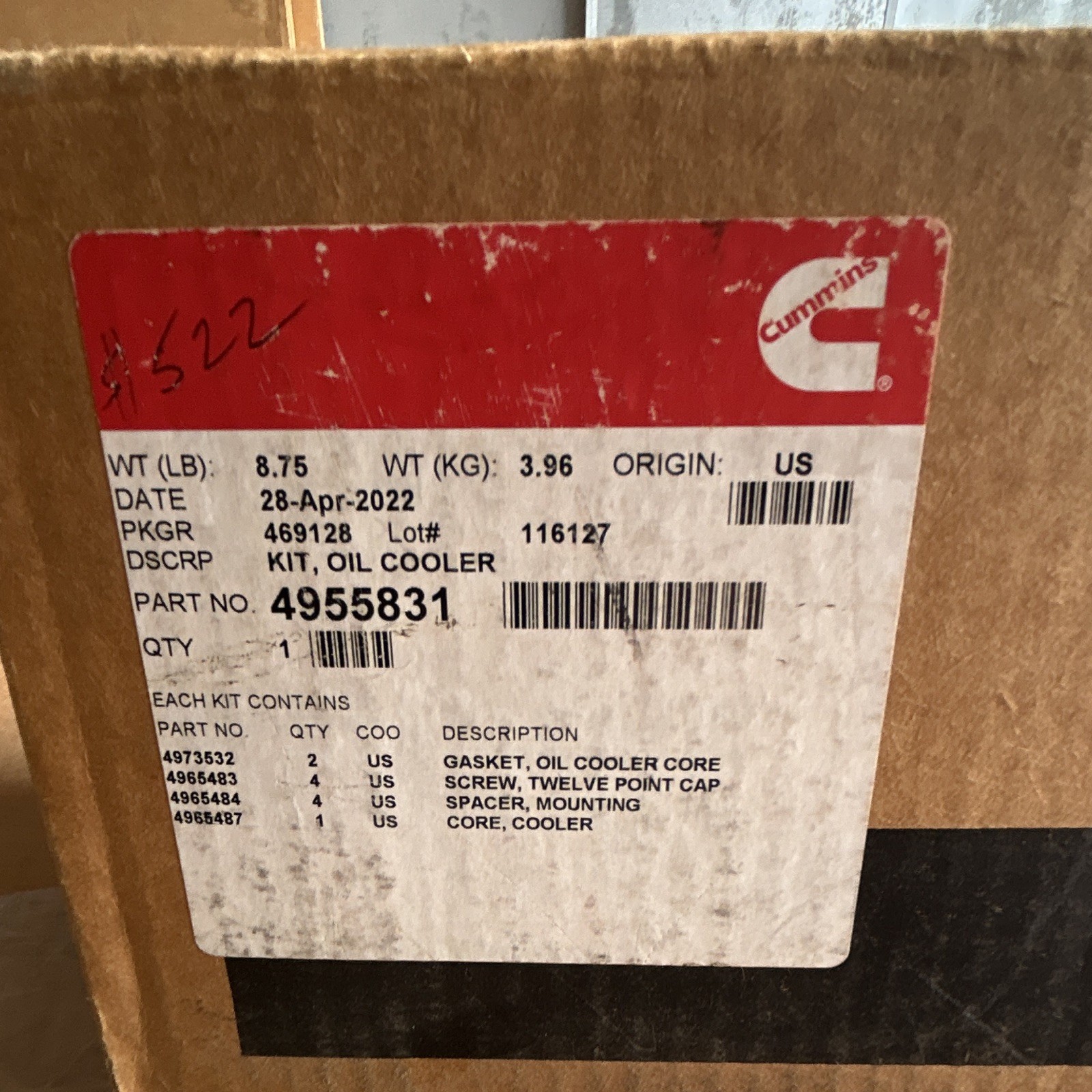 This is a Genuine Cummins Oil Cooler Kit, part 4955831. This is a Genuine Cummins Oil Cooler Kit, part 4955831.