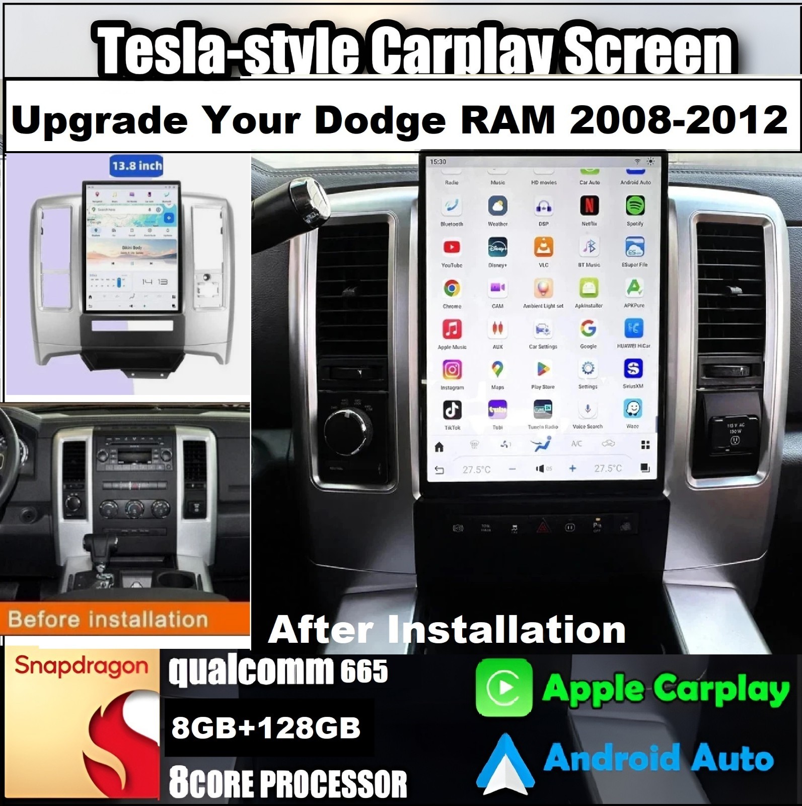 13.8-INCH Tesla Vertical Screen Car GPS Radio Android 13 For Dodge RAM 2008-2012