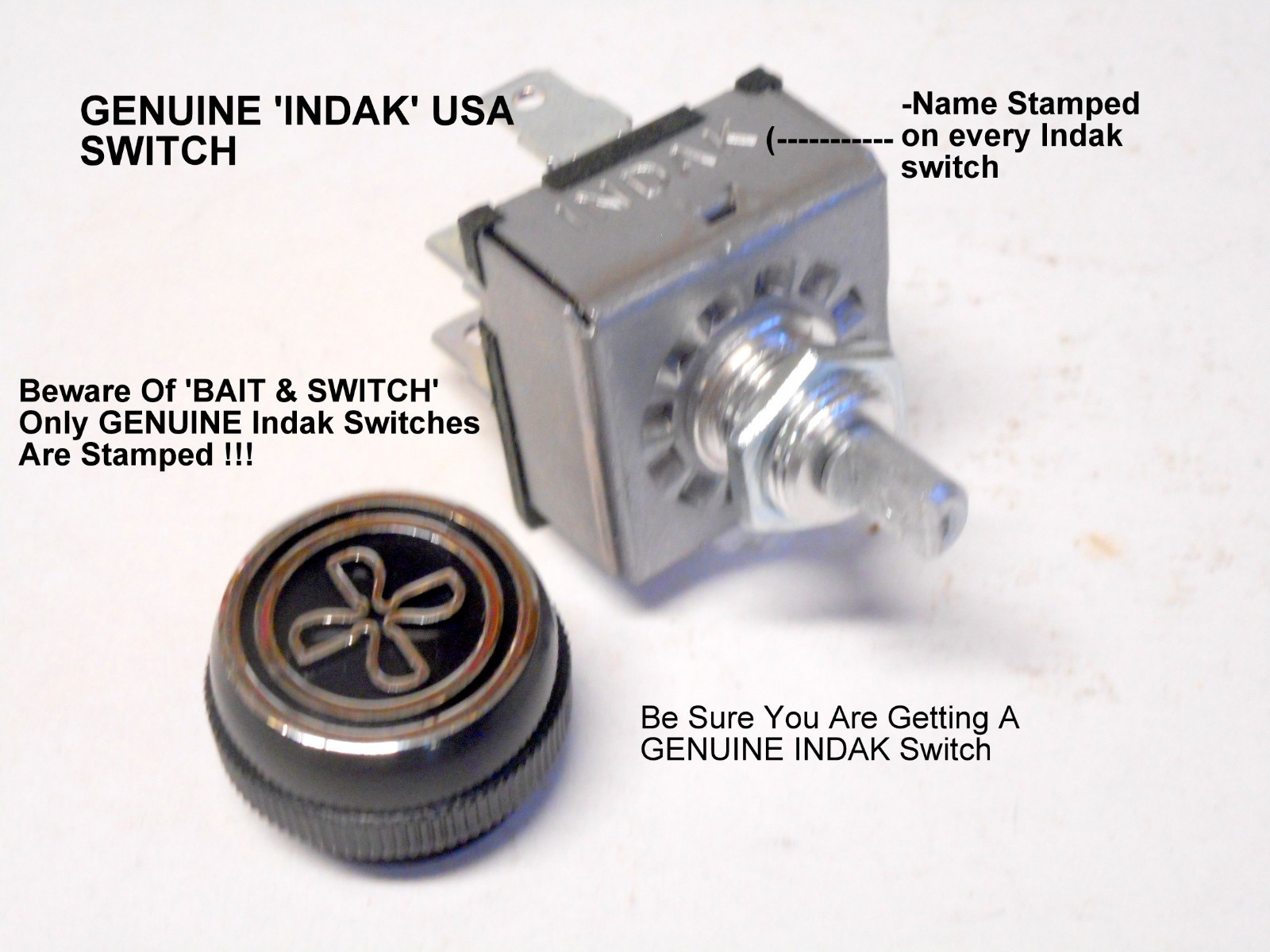 ROTARY A/C 3 SPEED BLOWER SWITCH UNIVERSAL TYPE W/ \'FAN\' KNOB INDAK,MADE IN USA