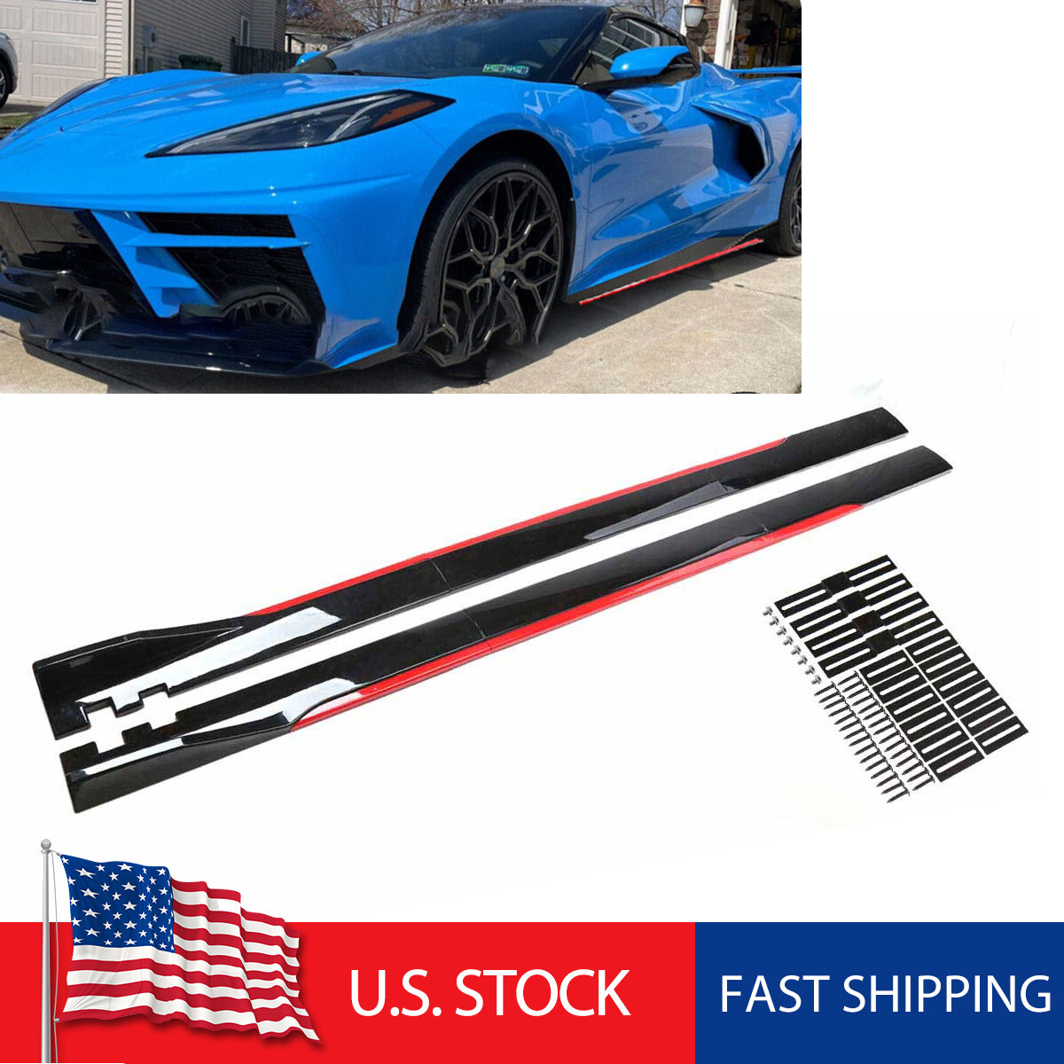 Car Side Skirts Splitter Body Extension Glossy Red for Corvette C8 C7 C6 C5 Z06