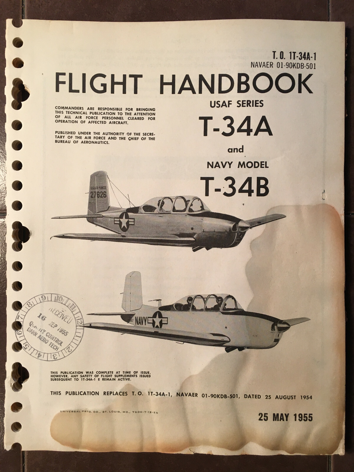 Original Beechcraft T-34A & T34B Mentor Flight Handbook Manual