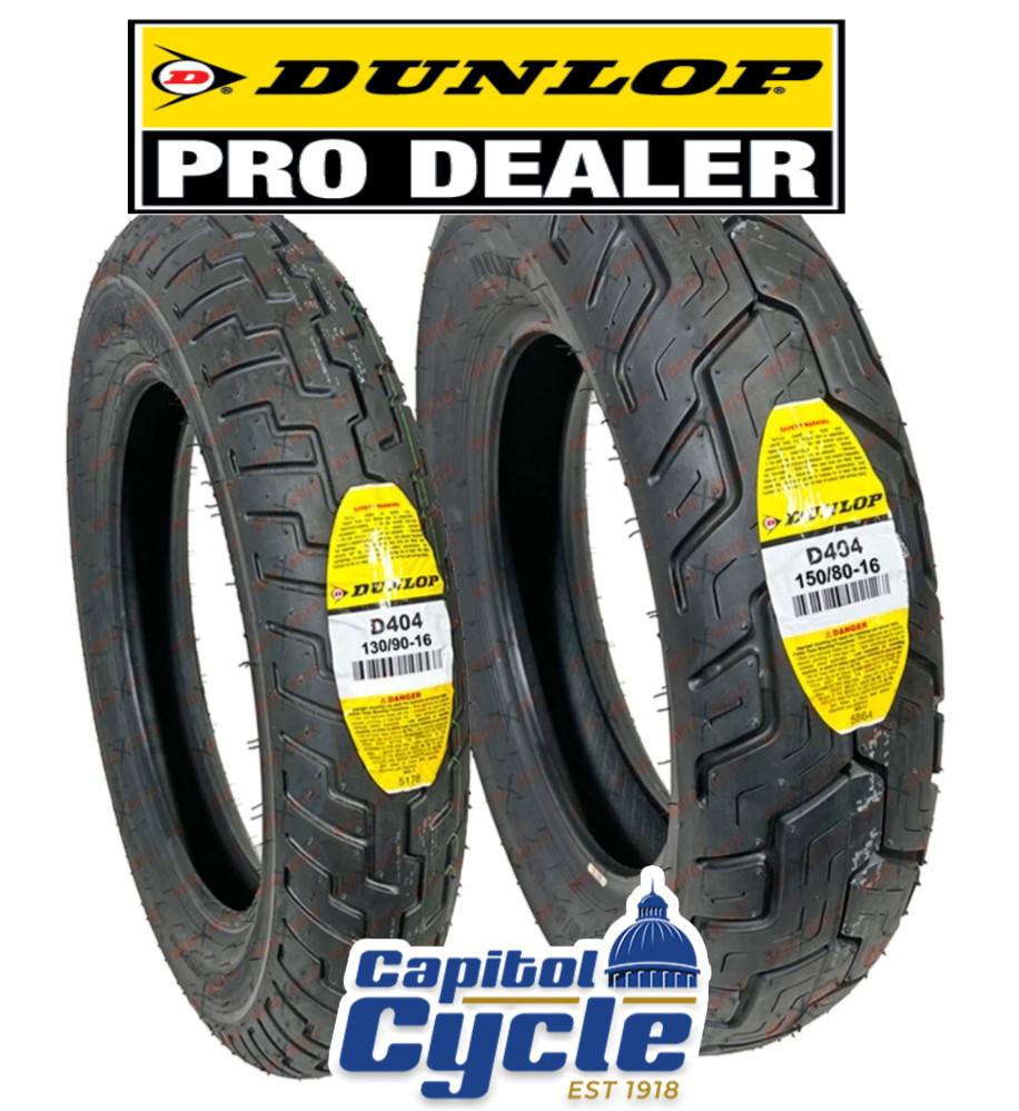 DUNLOP D404 FRONT AND REAR TIRE SET 130/90-16 AND 150/80-16 BLACKWALL - 2 TIRES DUNLOP D404 FRONT AND REAR TIRE SET 130/90-16 AND 150/80-16 BLACKWALL - 2 TIRES