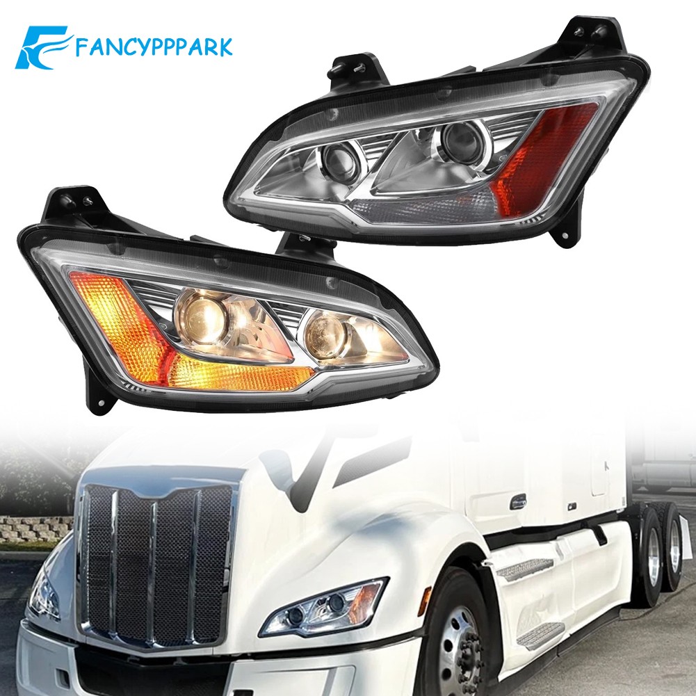 For 2022-2025 Peterbilt 579 Halogen Type Projector Headlights Chrome Pair/Set