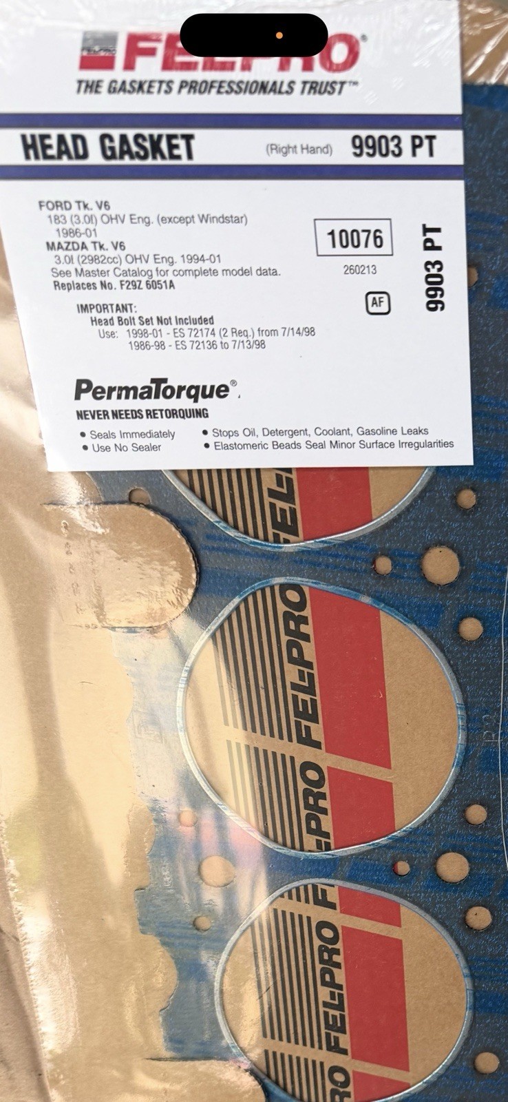 FEL-PRO 9903 PT right side passenger side engine cylinder head gasket FEL-PRO 9903 PT right side passenger side engine cylinder head gasket