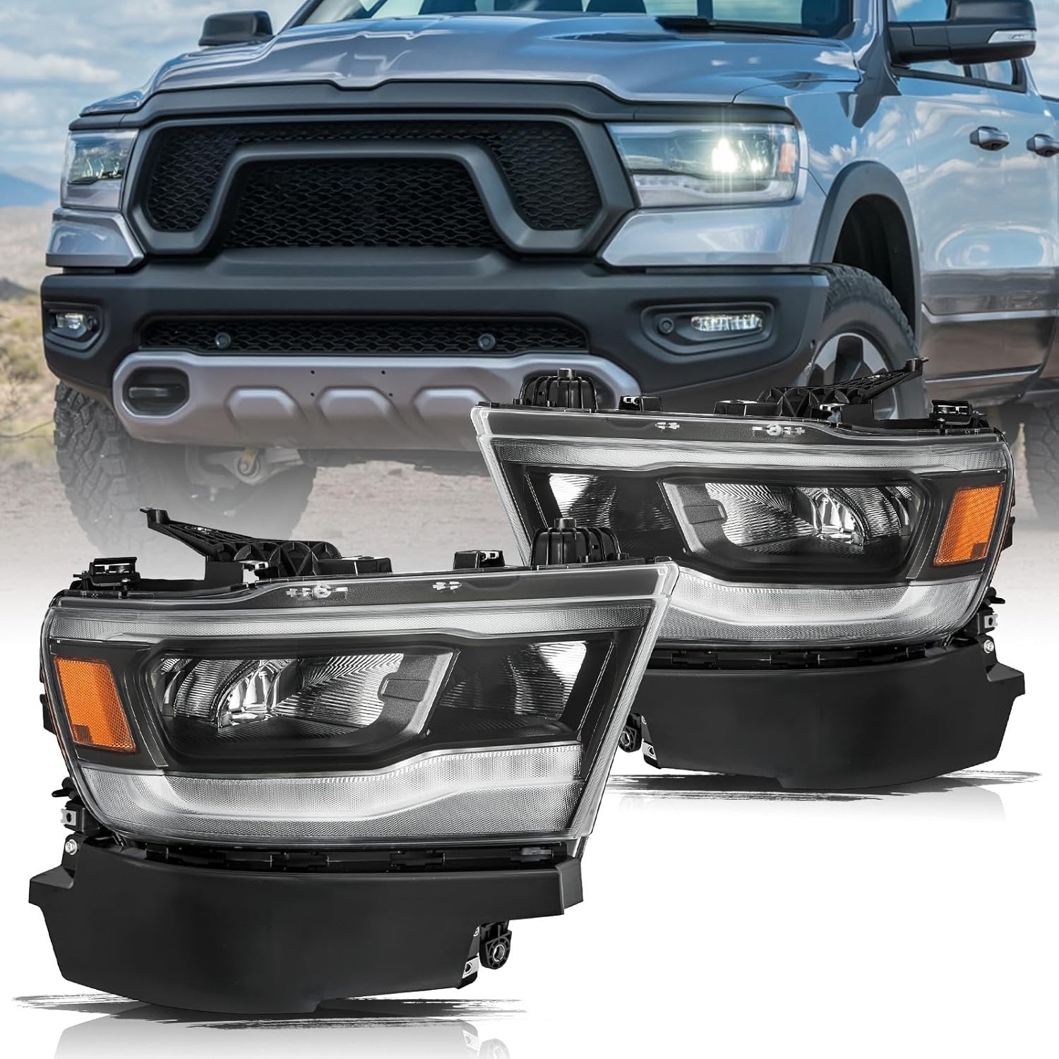 Pair of LED Headlights Headlamp Assy For Dodge RAM 1500 2019 2020 2021 2022 2023