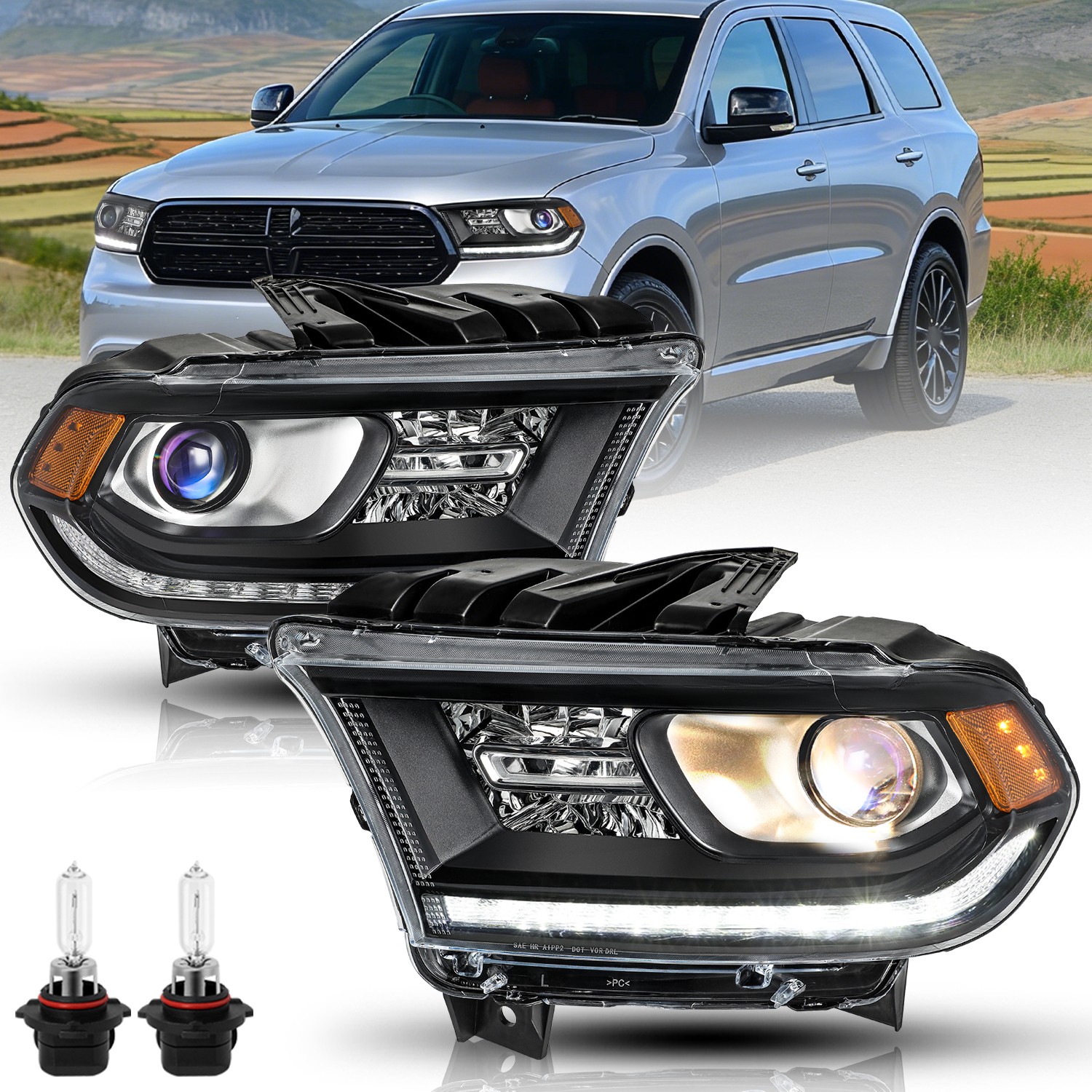 Fit 2014-2020 Dodge Durango Headlights W/LED DRL Halogen Headlamp LH&RH 16-20 Fit 2014-2020 Dodge Durango Headlights W/LED DRL Halogen Headlamp LH&RH 16-20