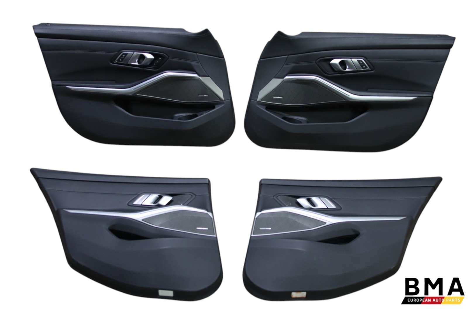 BMW M3 G80 Front & Rear Black Extended Leather Door Panel Set 2021 - 2027 OEM BMW M3 G80 Front & Rear Black Extended Leather Door Panel Set 2021 - 2027 OEM