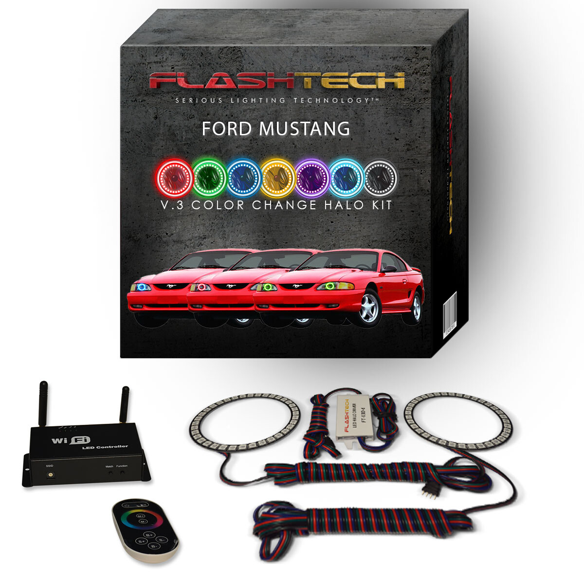 RGB Multi Color LED Halo kit with Wifi App for 1994-1998 Ford Mustang Headlights
