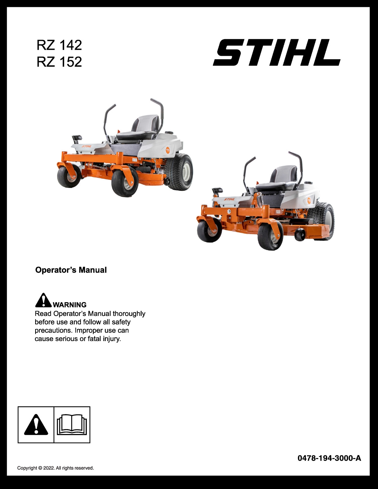 STIHL RZ 142 152 Lawn Mower Instruction Manual User Guide: 44 Pages