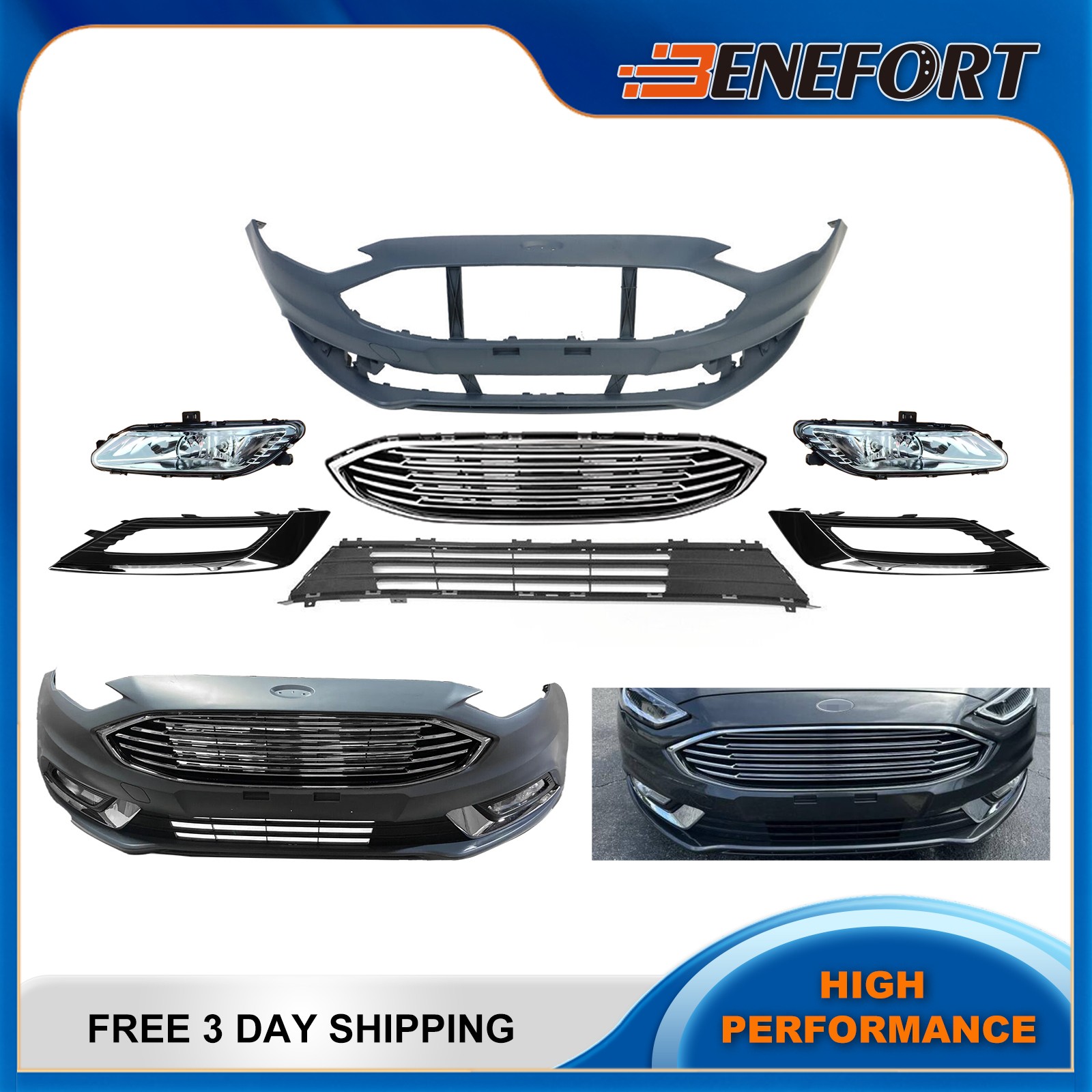 Front Bumper Cover Grille Assembly Kit Set For 2017 2018 Ford Fusion w/Fog Light