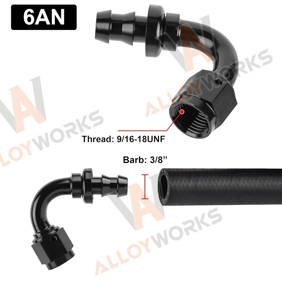 1x 6AN 120Degree 6AN to 3/8 inch barb Push Lock Hose Fitting End. 1x 6AN 120Degree 6AN to 3/8 inch barb Push Lock Hose Fitting End.