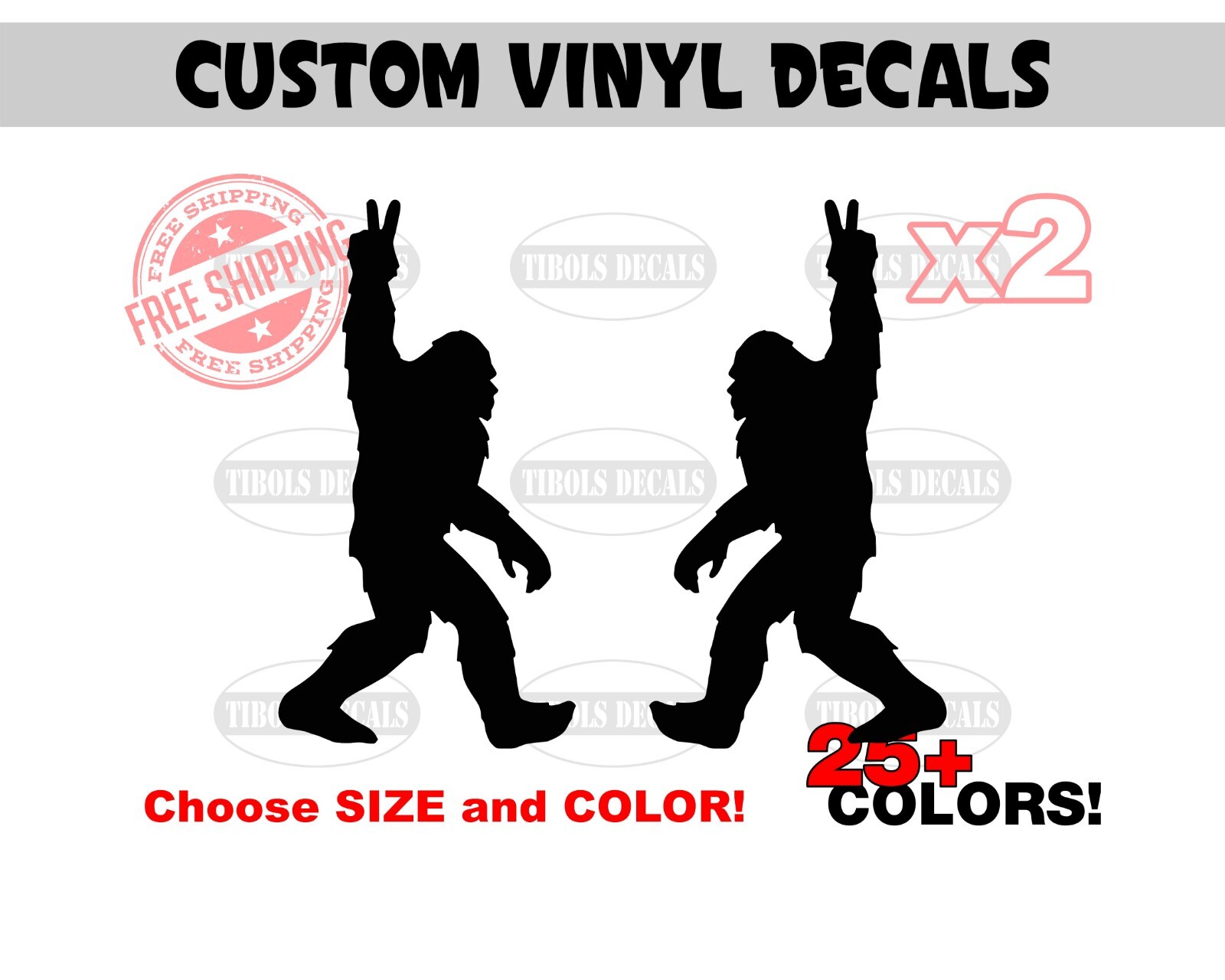 x2 Bigfoot Peace Decals Mirrored Sasquatch Big Foot Peace Stickers.