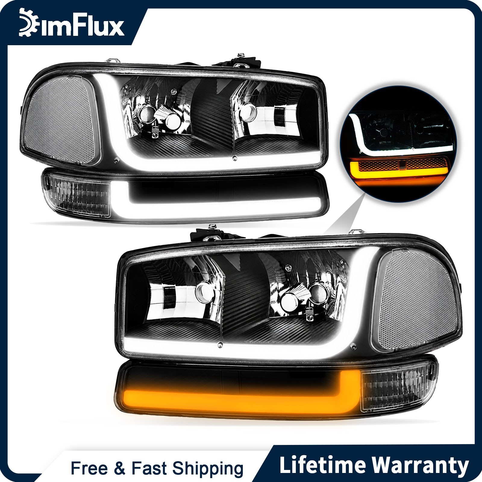 DimFlux Headlights for 99-07 GMC Sierra 1500 00-06  Yukon XL 1500 Black Housing