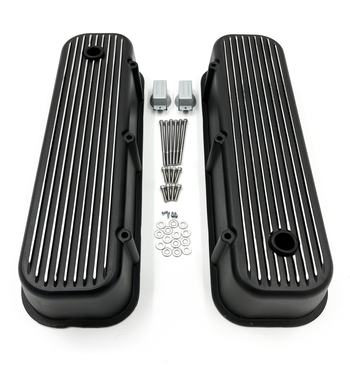 Pair Black Tall Finned Aluminum Valve Covers For BBC 396 402 427 454 502