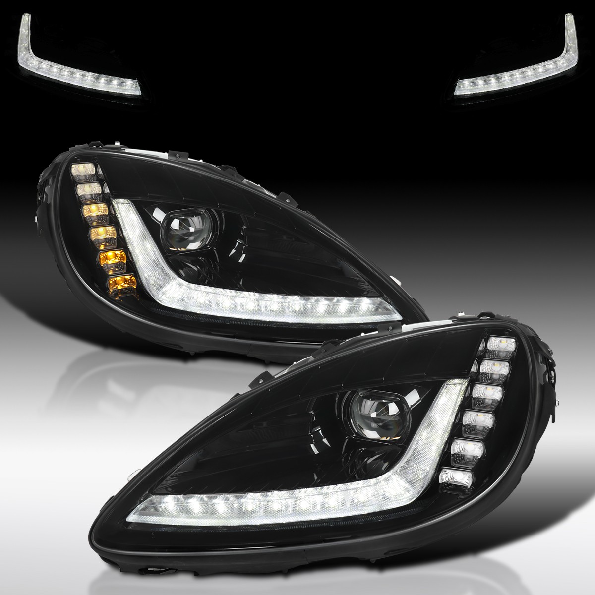 Fit 2005-2013 Chevy Corvette C6 Slick Black Sequential LED Projector Headlights Fit 2005-2013 Chevy Corvette C6 Slick Black Sequential LED Projector Headlights