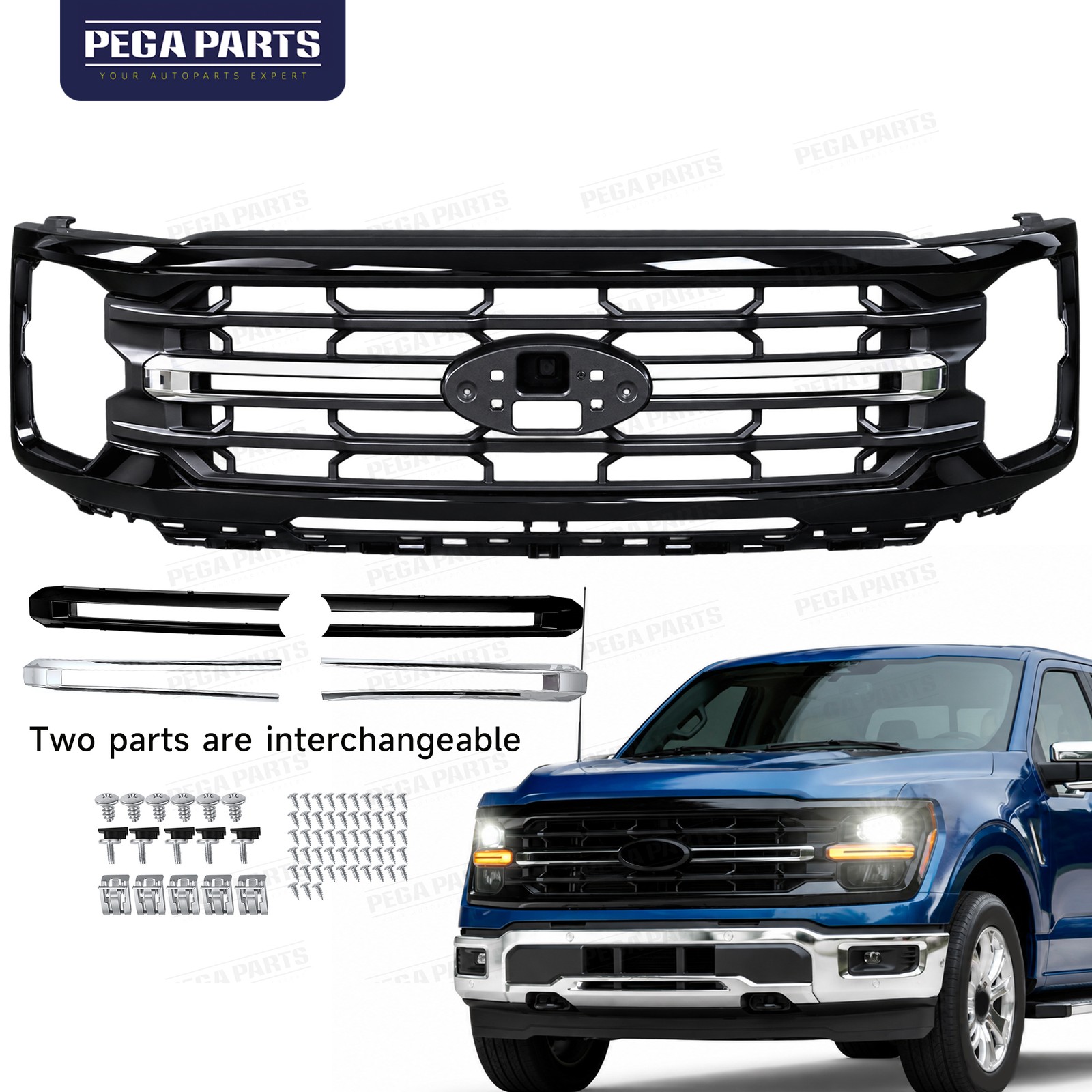 For 2024-2026 Ford F150 F-150 XLT Front Bumper Grille Gloss Black w/Chrome Trims