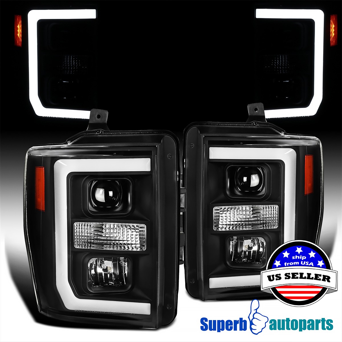 Fit 2008-2010 Ford F250 F350 F450 Super Duty Black Projector Headlight LED Strip