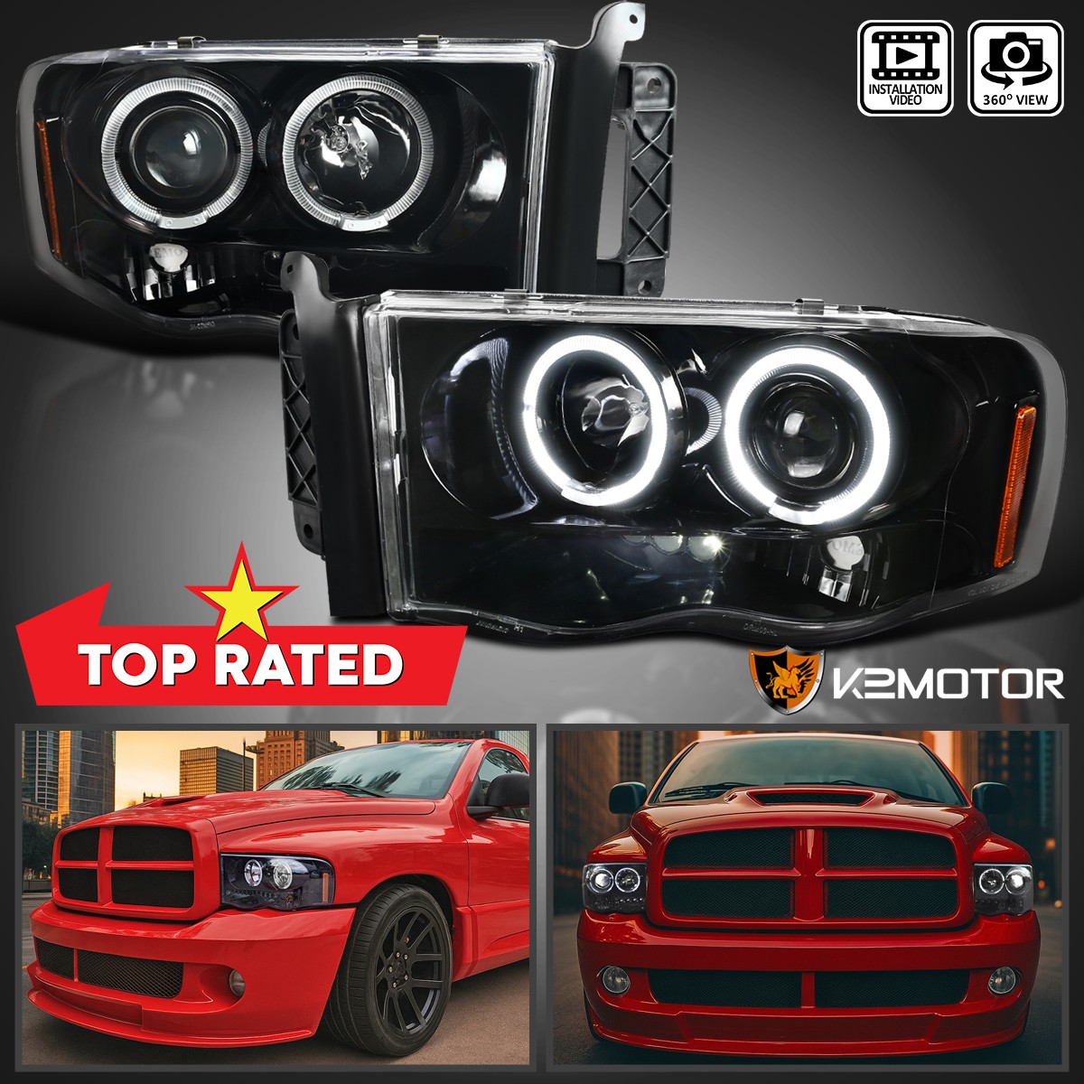 Jet Black Fits 2002-2005 Dodge Ram 1500 2500 3500 LED Halo Projector Headlights Jet Black Fits 2002-2005 Dodge Ram 1500 2500 3500 LED Halo Projector Headlights