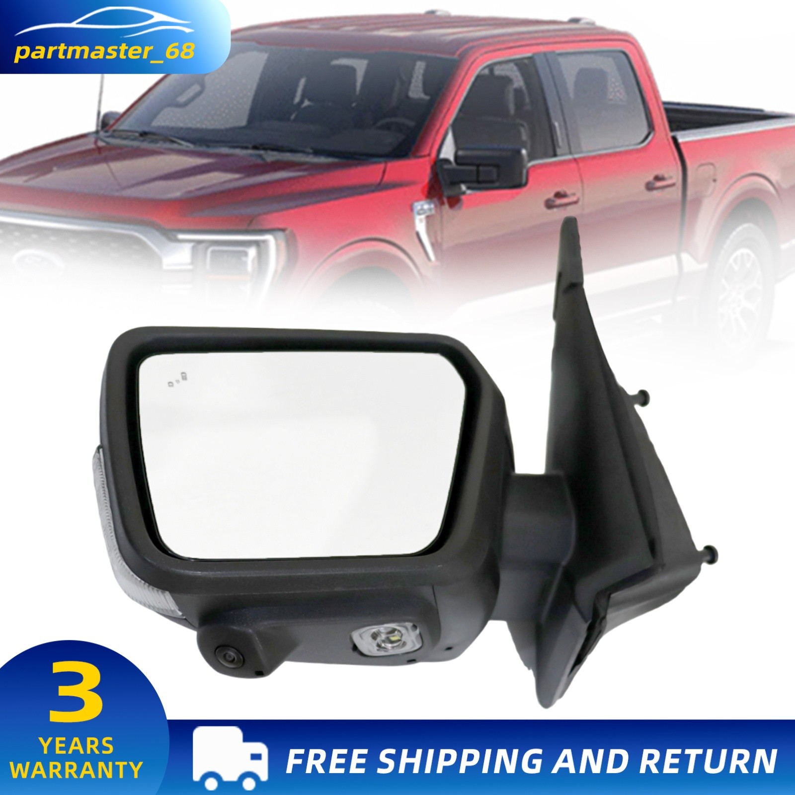 For 2021-2024 Ford F150 F-150 Left Driver Side Turn Signal Door Mirror w/ Camera