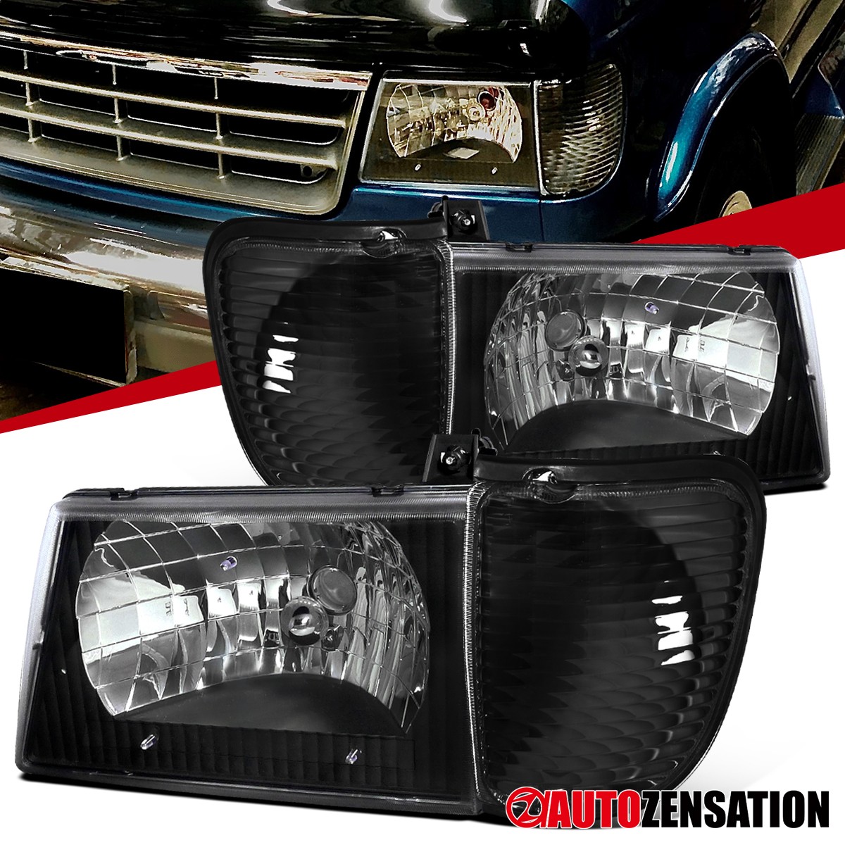 Fit 1992-2006 Ford E150 E250 E350 Econoline Black Headlights+Corner Signal Lamps Fit 1992-2006 Ford E150 E250 E350 Econoline Black Headlights+Corner Signal Lamps