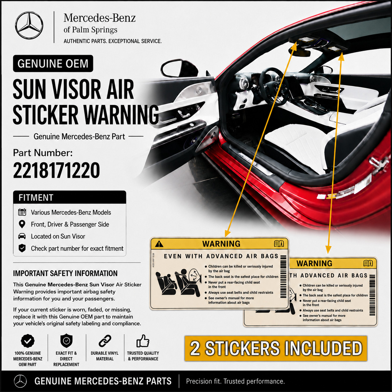 Genuine Mercedes-Benz Sun Visor Airbag Warning Label Sticker 2218171220 x 2 OEM
