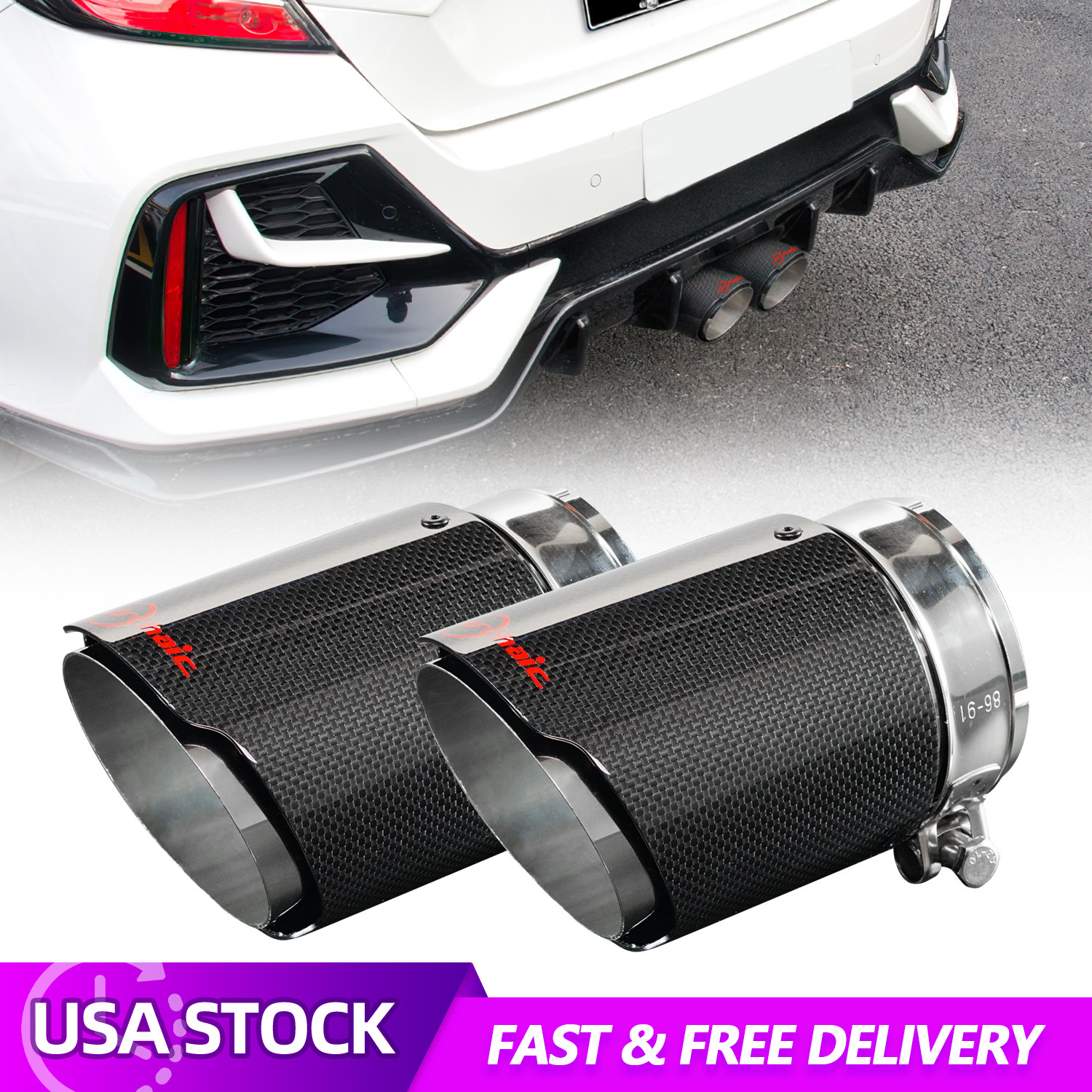 2x Carbon Fiber Exhaust Tip Tailpipe For Honda Civic 10th Gen 2016-2021