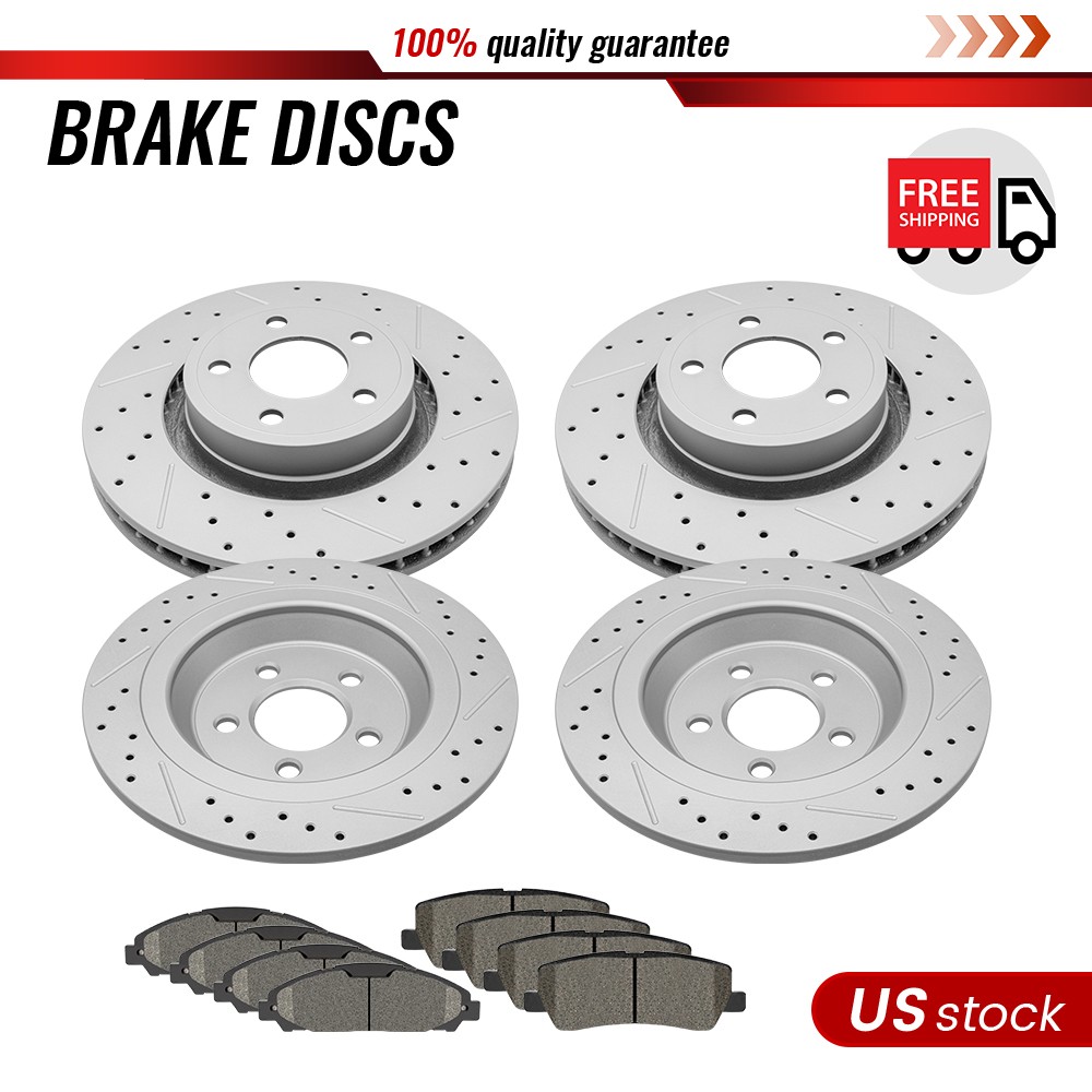 Front & Rear Drilled/Slotted Rotors + Ceramic Pads for 2015-19 Mustang 320mm Frt