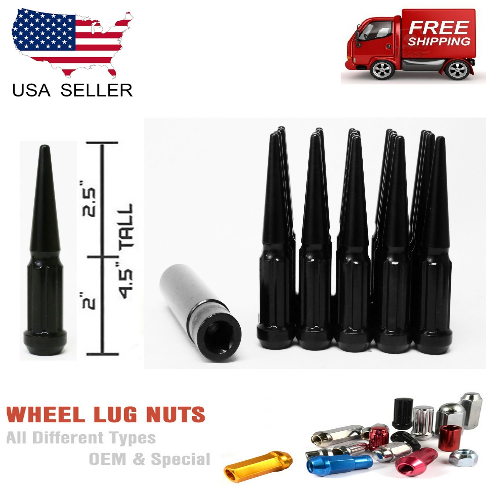 24PC 1/2x20 BLACK 4.5”SPLINE SPIKE LUG NUTS FITS DODGE/CHEVY + ANTI THEFT KEY 24PC 1/2x20 BLACK 4.5”SPLINE SPIKE LUG NUTS FITS DODGE/CHEVY + ANTI THEFT KEY