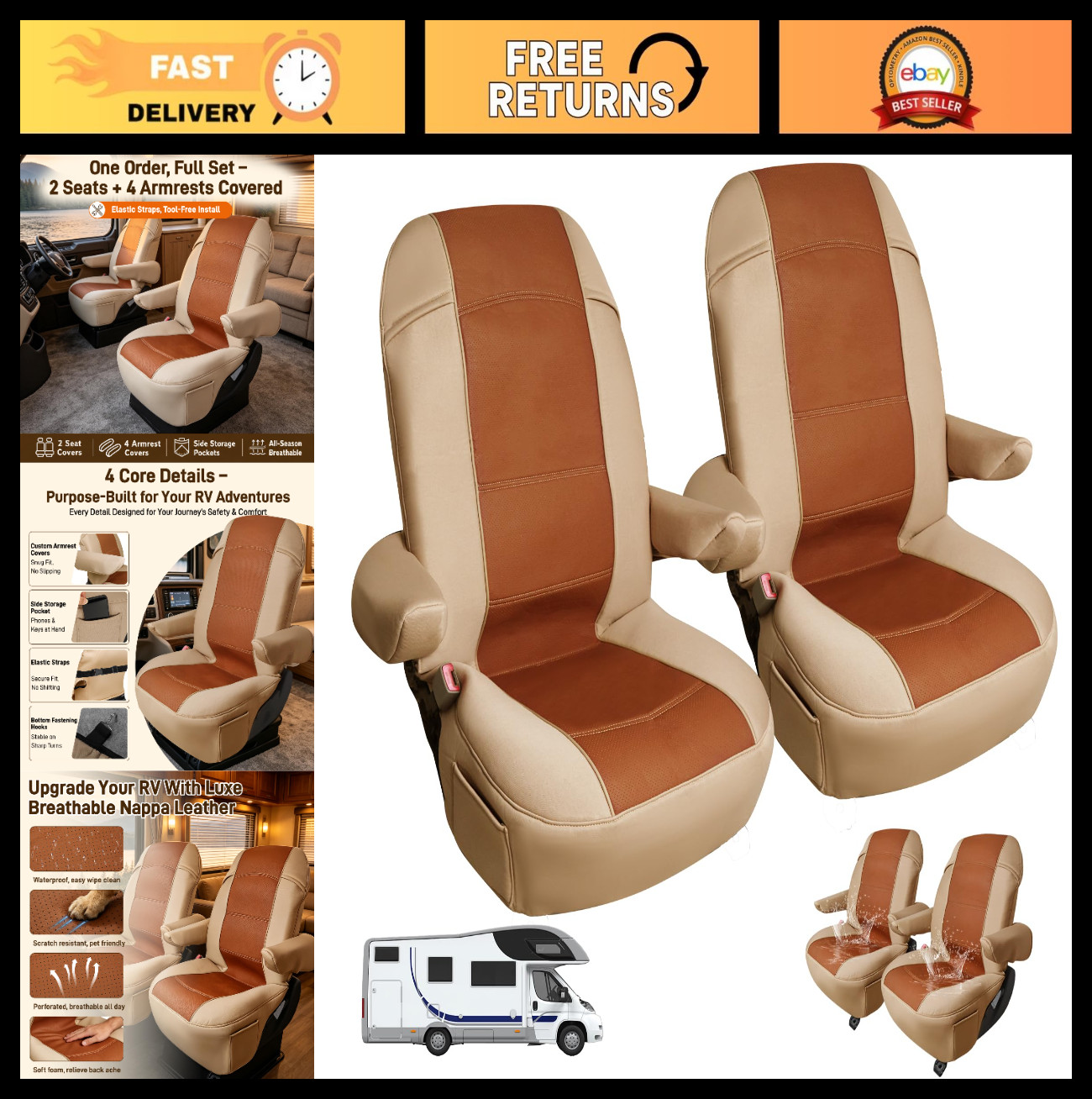 Waterproof Nappa Leather RV Seat Covers for Captain Chairs, Pet-Friendly, 2 Pack