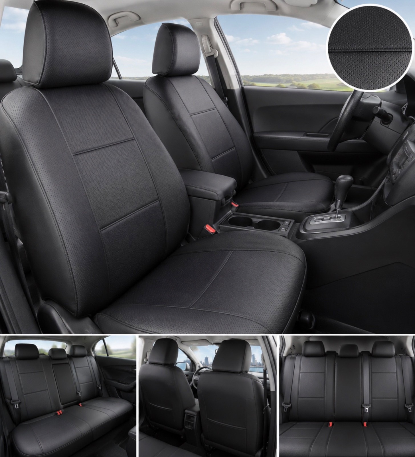 FH Group Faux Leather Car Seat Covers Full Set - Universal Fit - Black