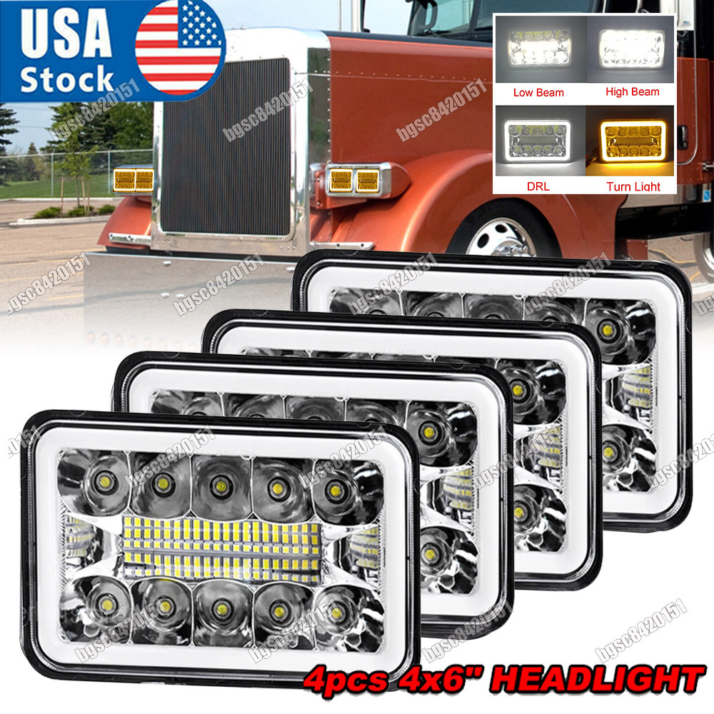 4PC Fit Kenworth T800 T400 T600 W900B W900L LED Headlights 4x6\'\' Hi/Lo Beam