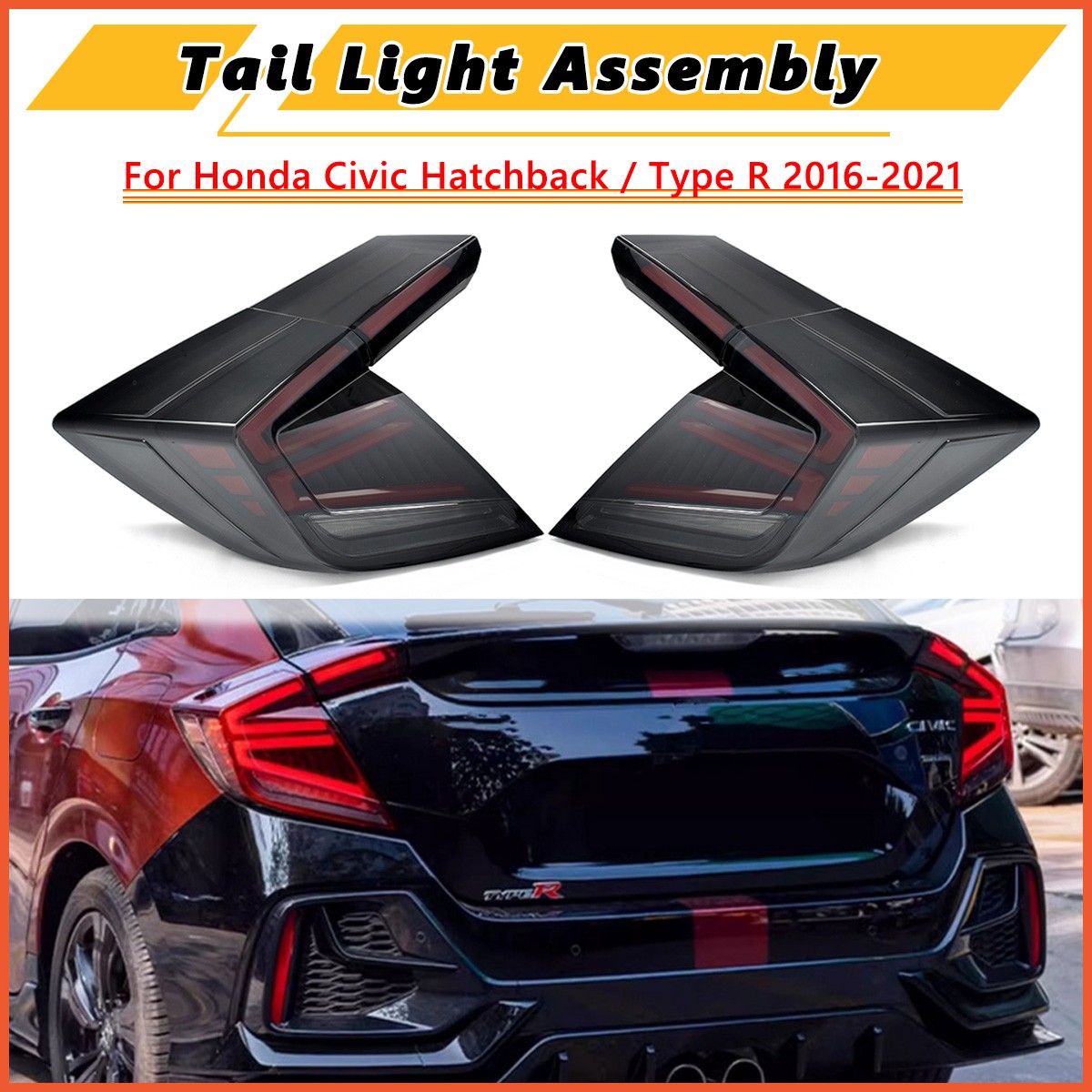 LED Sequential Smoke Lens Tail Lights Type R For Honda Civic Hatchback 2016-2021