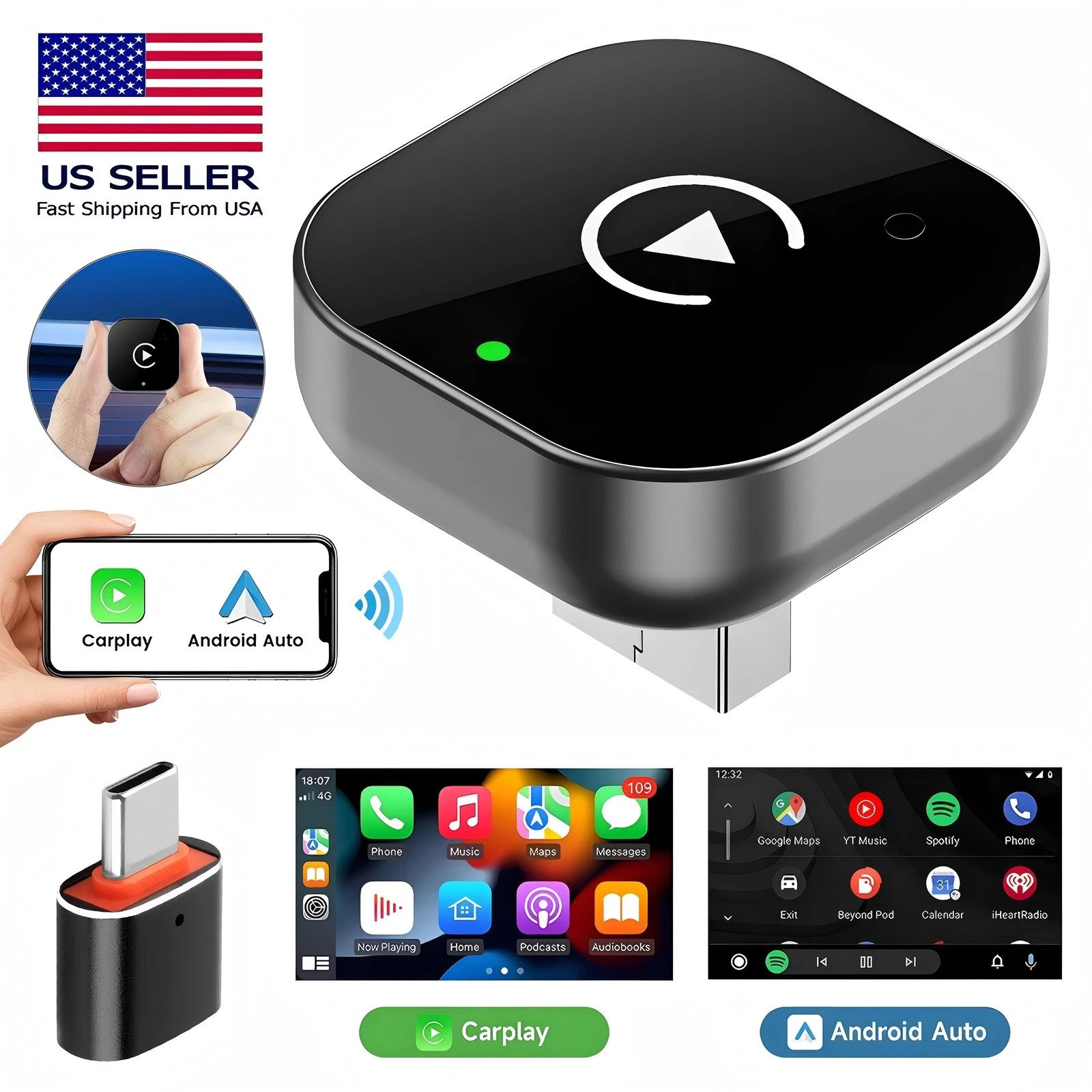 Wireless CarPlay Android Auto USB Adapter Plug & Play for Apple iPhone Vehicles