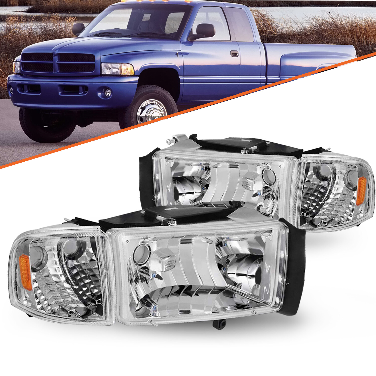 For 94-02 Dodge Ram 1500 2500 3500 Chrome Housing Headlights 94-01 Pair Headlamp For 94-02 Dodge Ram 1500 2500 3500 Chrome Housing Headlights 94-01 Pair Headlamp