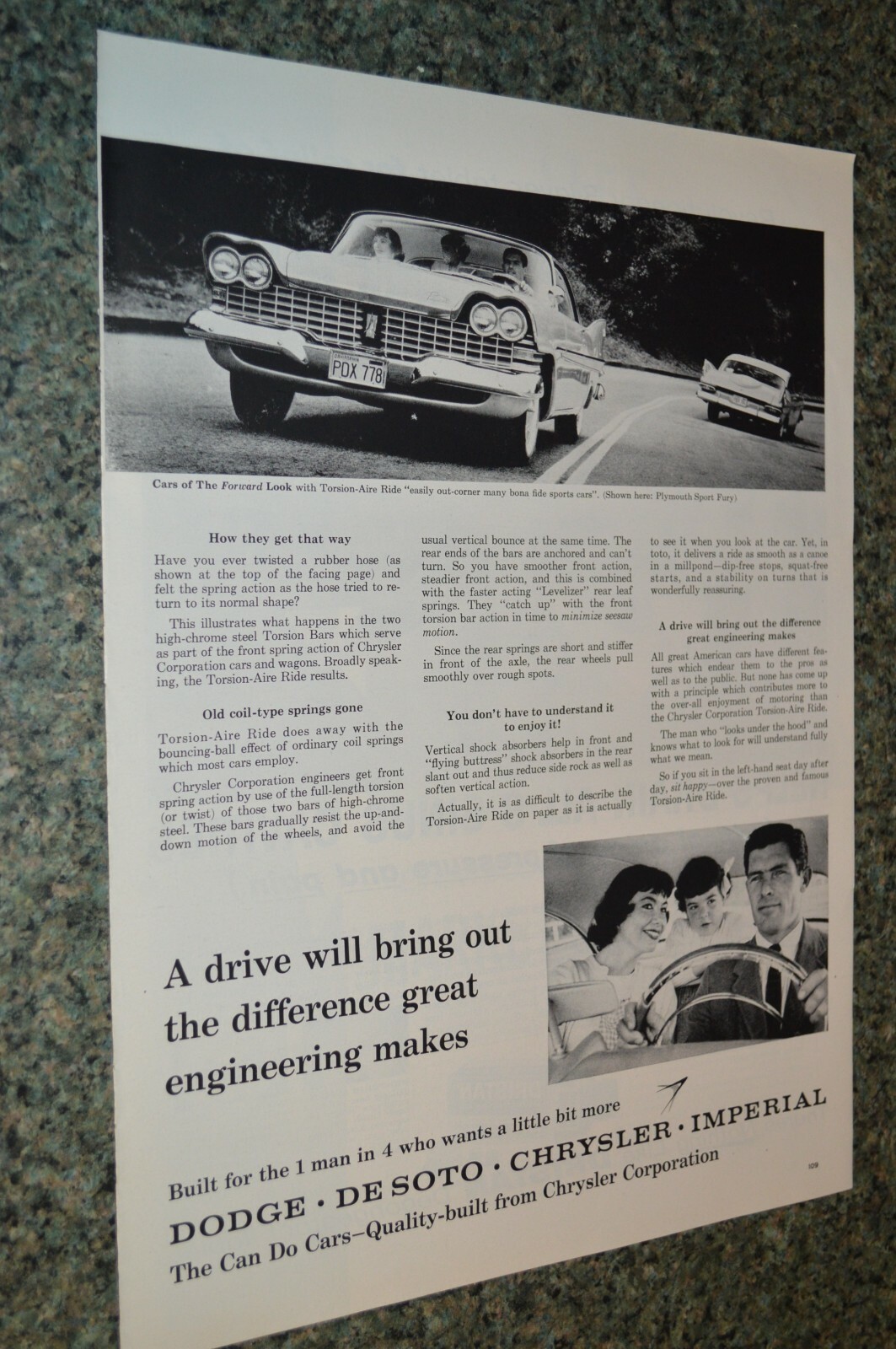 1959 PLYMOUTH SPORT FURY ORIGINAL LARGE ADVERTISEMENT PRINT AD 59