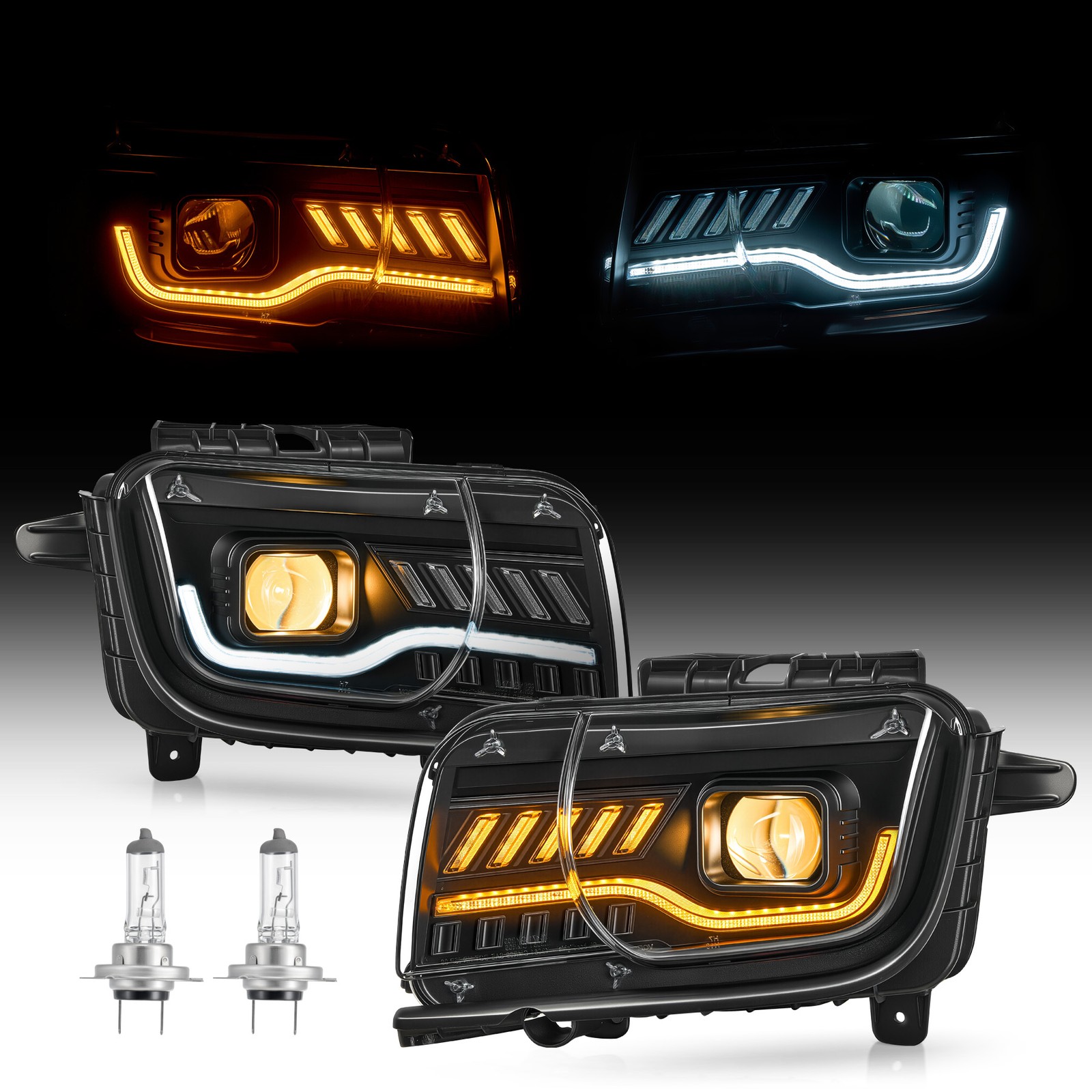 Black Projector Headlights for 2010-2013 Chevy Camaro w LED Switchback DRL Tube Black Projector Headlights for 2010-2013 Chevy Camaro w LED Switchback DRL Tube