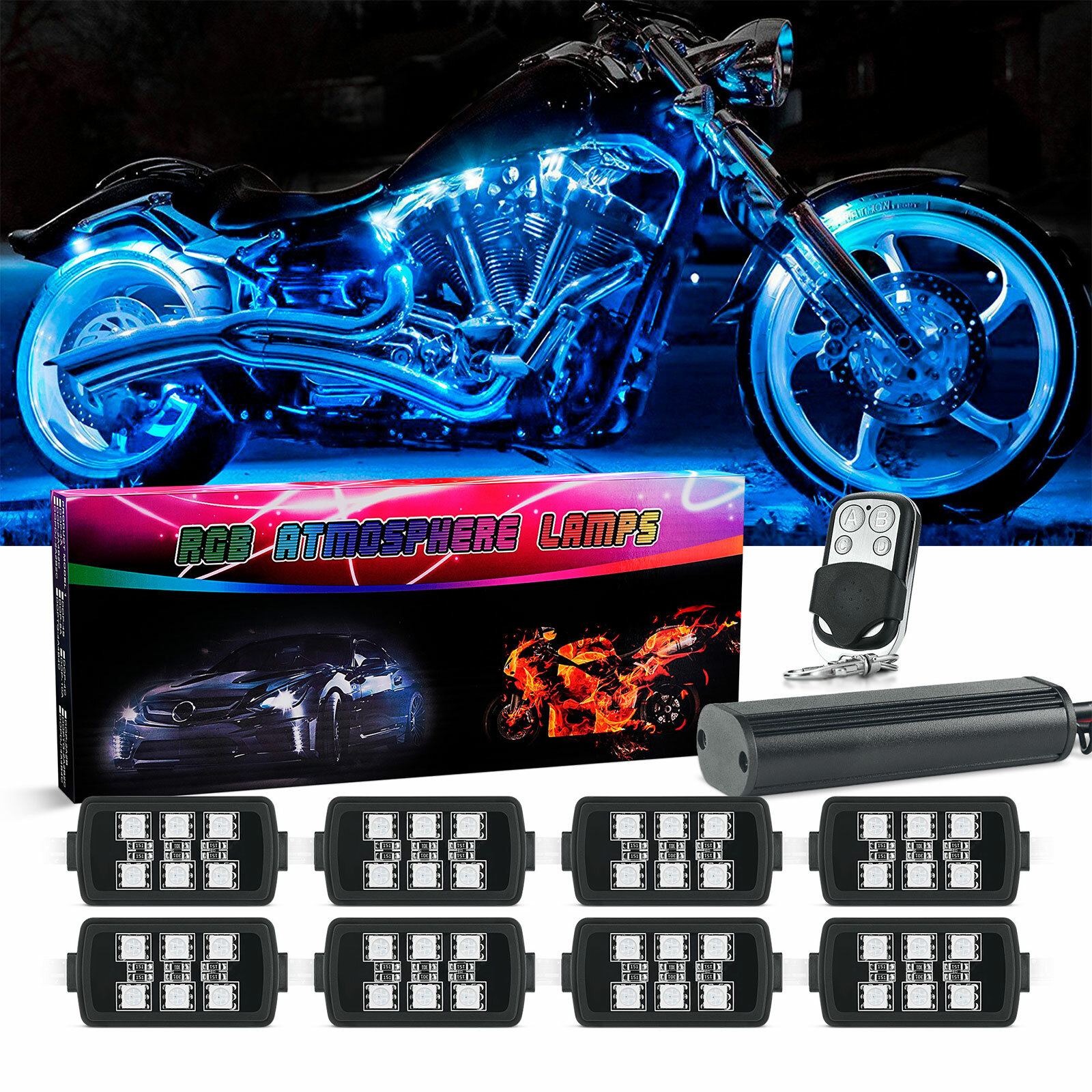 Motorcycle RGB LED Light Kit - 8PCS Multi-Color Underglow Neon Lights Remote Fob