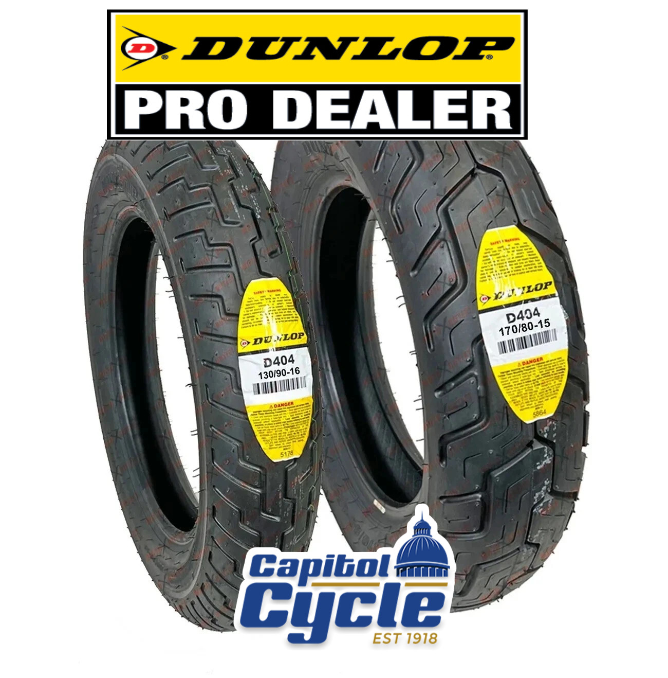 DUNLOP D404 FRONT AND REAR CRUISER TIRE SET 130/90-16 AND 170/80-15 BLACKWALL DUNLOP D404 FRONT AND REAR CRUISER TIRE SET 130/90-16 AND 170/80-15 BLACKWALL